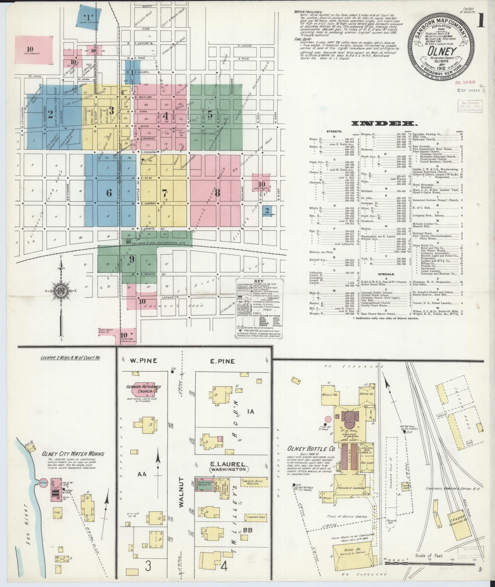 Sanborn Fire Insurance Map from Olney, Richland County, Illinois (1910), Sheet #0001 - Complete Map Set gallery image, historic Sanborn map, vintage wall art, Illinois Illinois