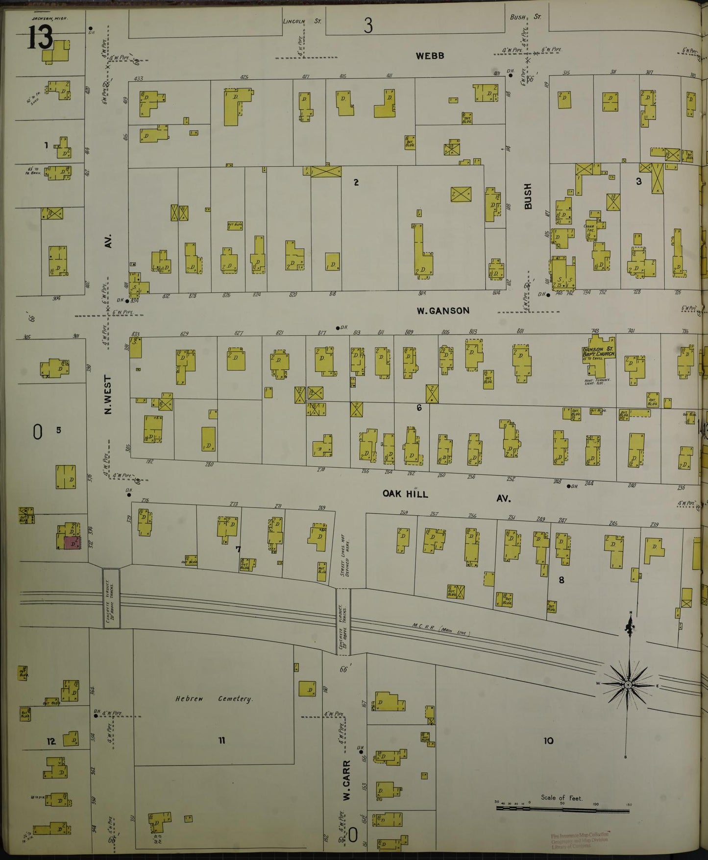 Sanborn Fire Insurance Map from Jackson, Jackson County, Michigan (1907), Sheet #0013 - Complete Map Set gallery image, historic Sanborn map, vintage wall art, Michigan Michigan