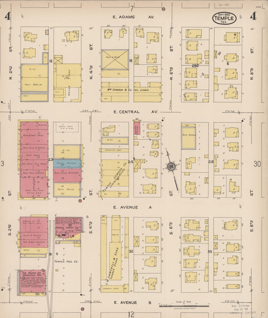 Sanborn Fire Insurance Map from Temple, Bell County, Texas (1922), Sheet #0004 - Historic Sanborn Fire Insurance Map Print, vintage old map wall art, antique decor, genealogy gift, Texas Texas map