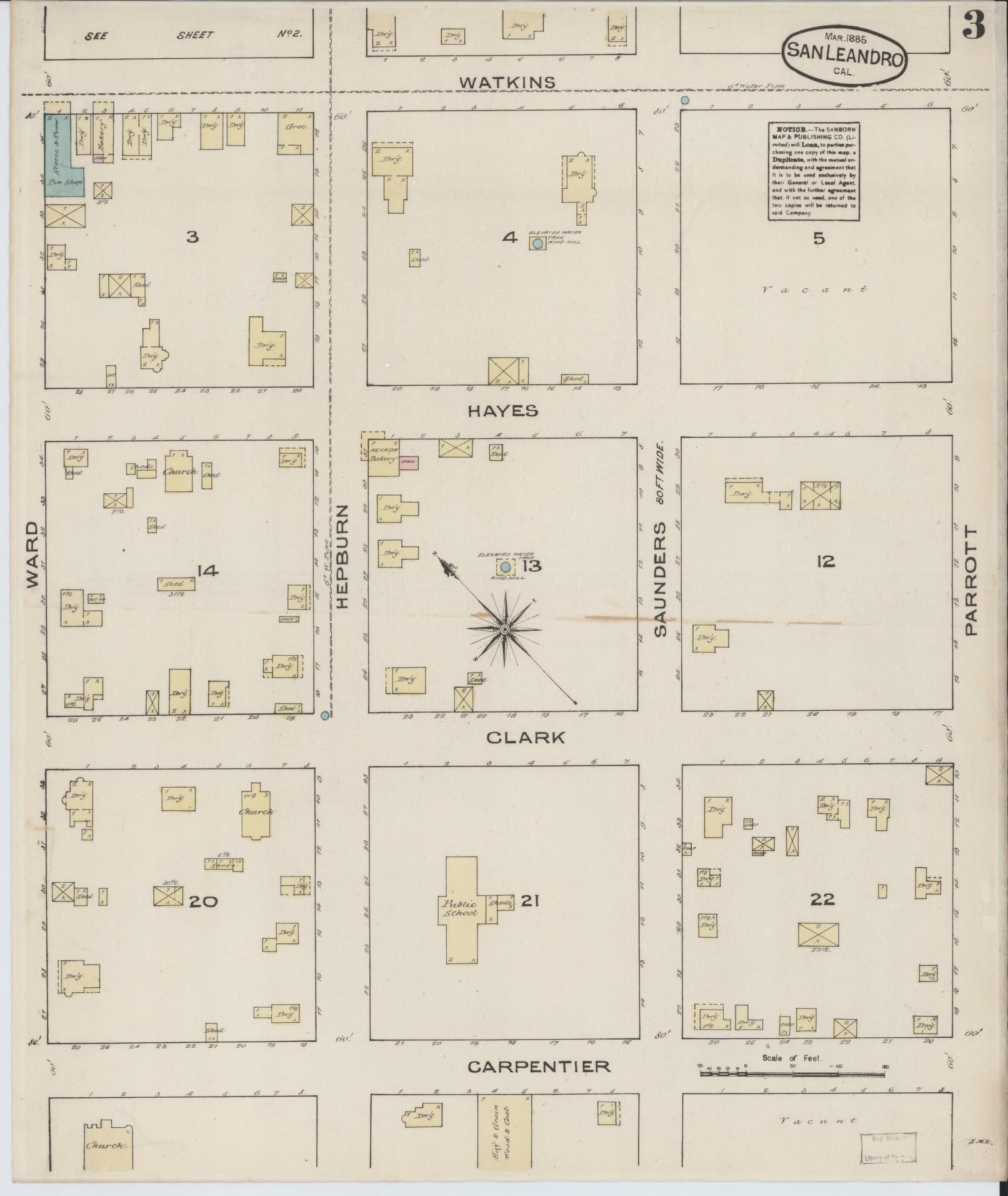 Sanborn Fire Insurance Map from San Leandro, Alameda County, California (1885), Sheet #0003 - Complete Map Set gallery image, historic Sanborn map, vintage wall art, California California