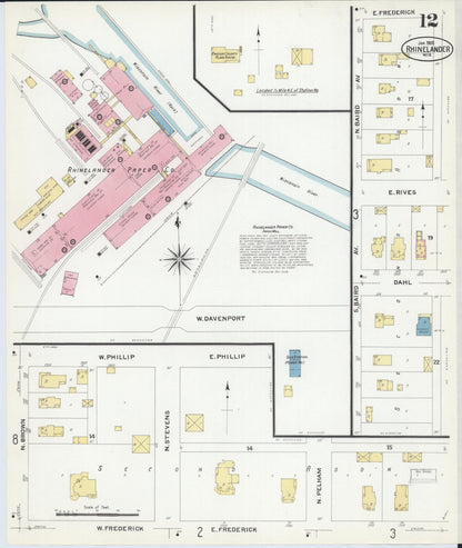 Sanborn Fire Insurance Map from Rhinelander, Oneida County, Wisconsin (1908), Sheet #0012 - Complete Map Set gallery image, historic Sanborn map, vintage wall art, Wisconsin Wisconsin