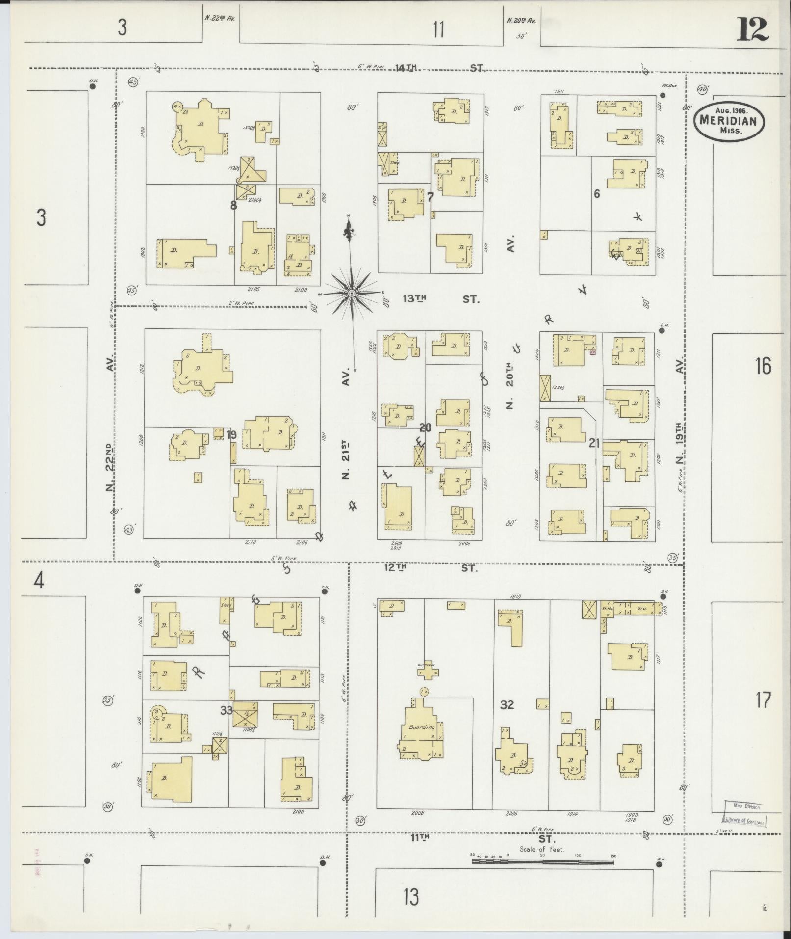 Sanborn Fire Insurance Map from Meridian, Lauderdale County, Mississippi (1906), Sheet #0012 - Historic Sanborn Fire Insurance Map Print, vintage old map wall art, antique decor, genealogy gift, Mississippi Mississippi map