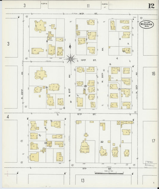 Sanborn Fire Insurance Map from Meridian, Lauderdale County, Mississippi (1906), Sheet #0012 - Historic Sanborn Fire Insurance Map Print, vintage old map wall art, antique decor, genealogy gift, Mississippi Mississippi map