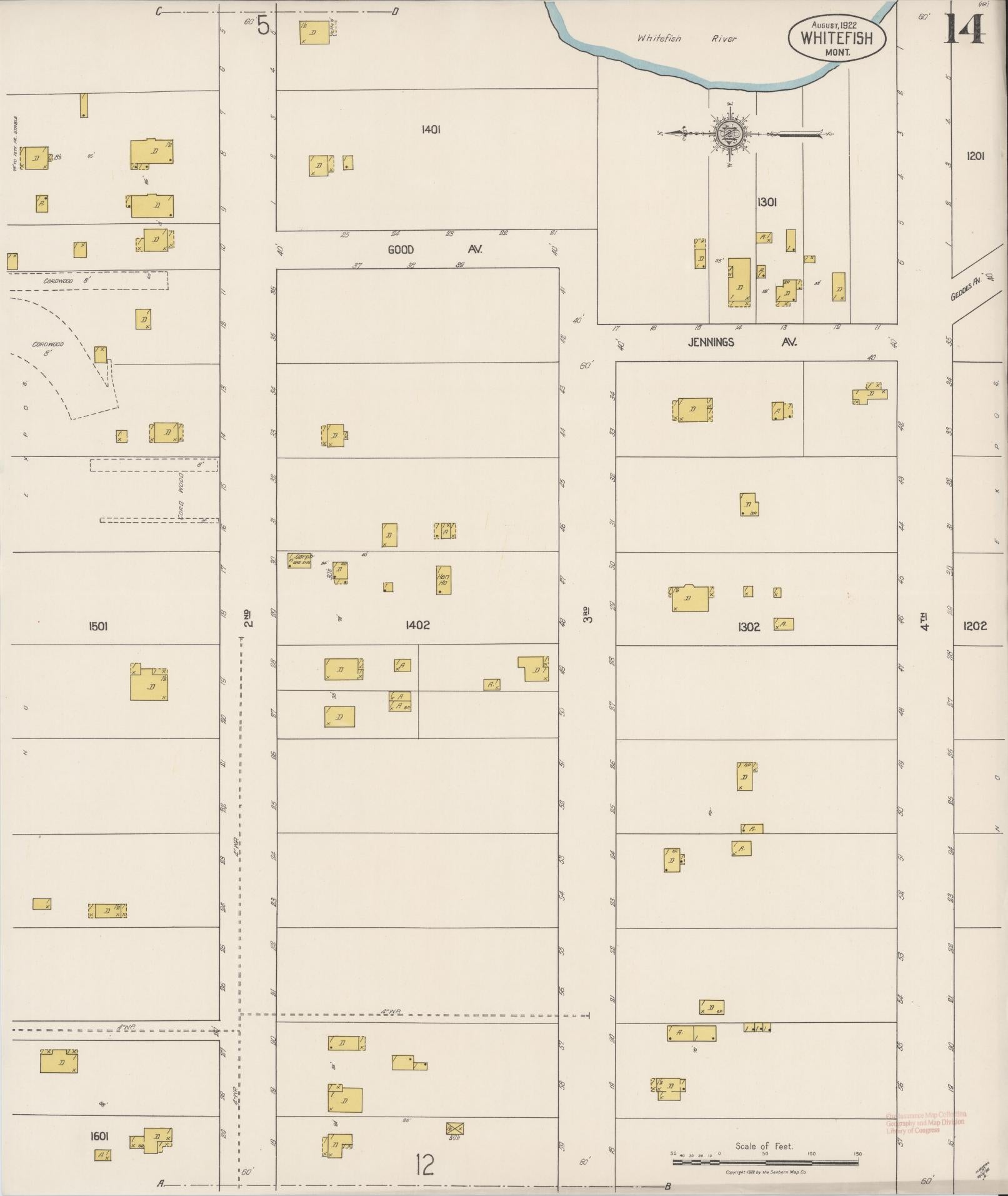 Sanborn Fire Insurance Map from Whitefish, Flathead County, Montana (1922), Sheet #0014 - Complete Map Set gallery image, historic Sanborn map, vintage wall art, Montana Montana