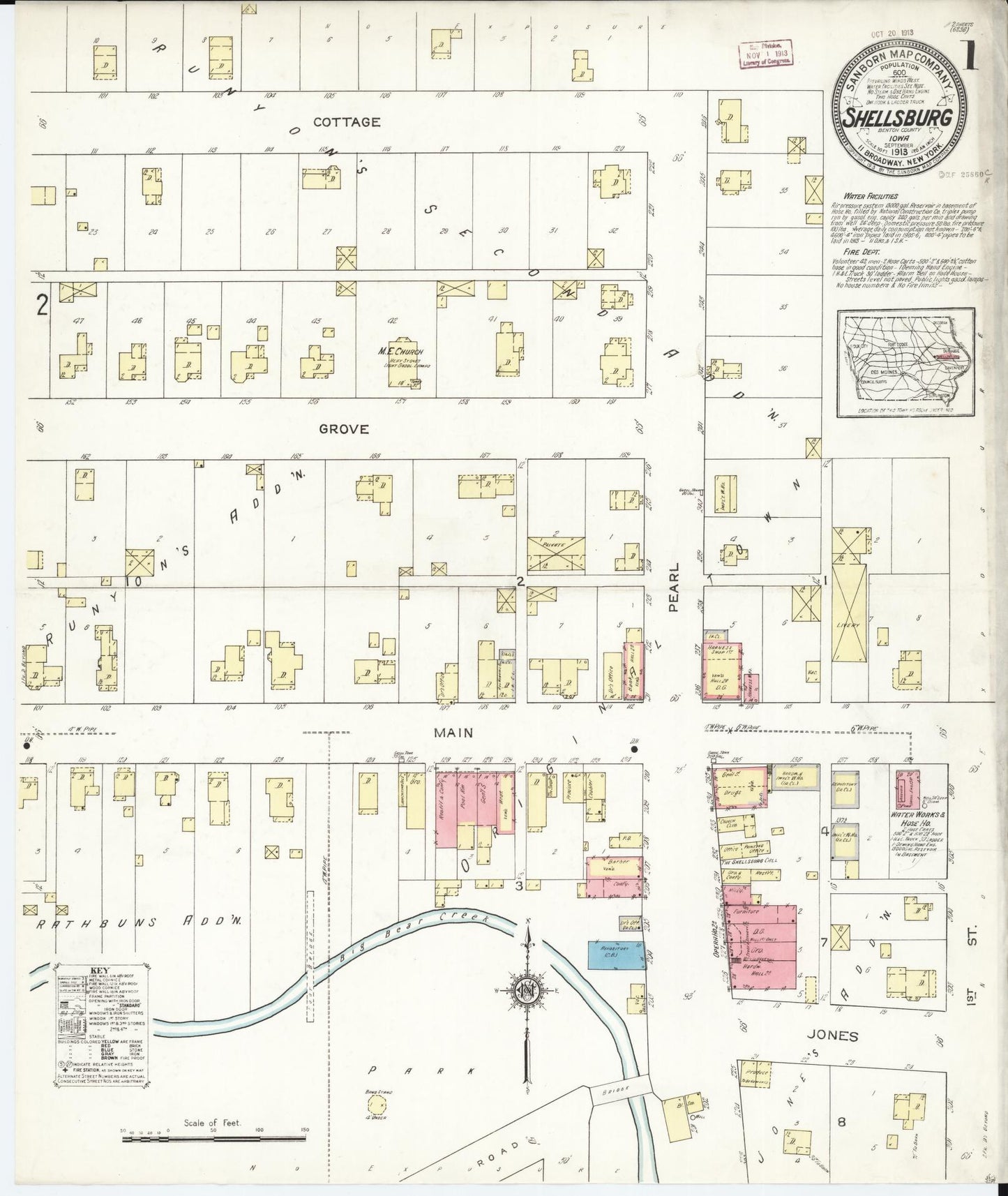 Sanborn Fire Insurance Map from Shellsburg, Benton County, Iowa (1913), Sheet #0001 - Historic Sanborn Fire Insurance Map Print, vintage old map wall art