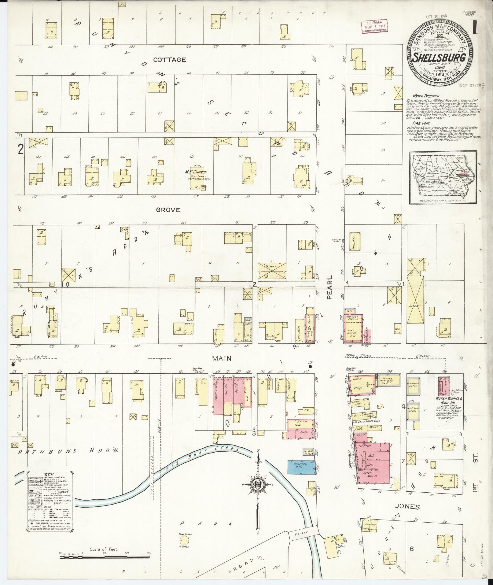 Sanborn Fire Insurance Map from Shellsburg, Benton County, Iowa (1913), Sheet #0001 - Historic Sanborn Fire Insurance Map Print, vintage old map wall art