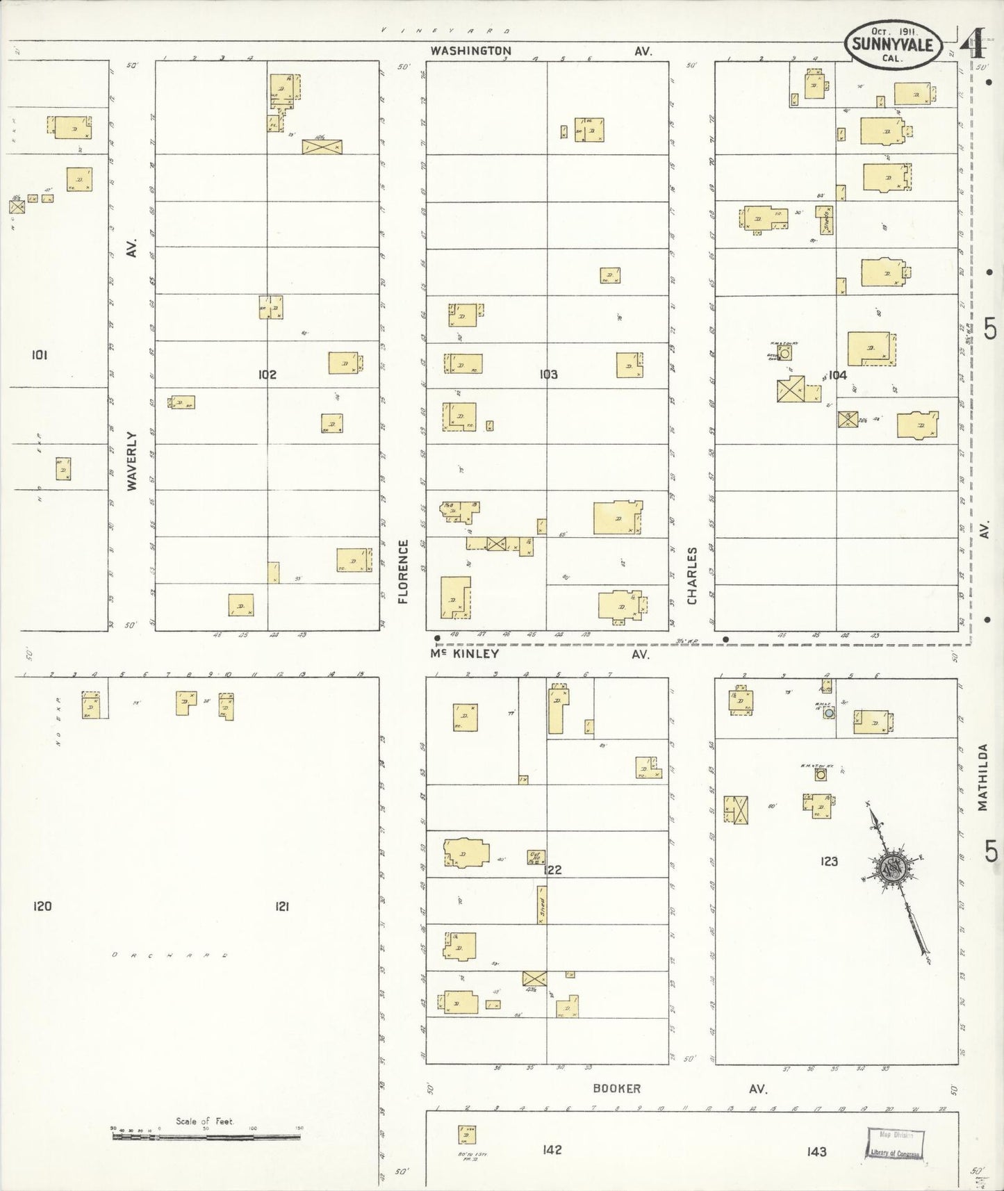 Sanborn Fire Insurance Map from Sunnyvale, Santa Clara County, California (1911), Sheet #0004 - Complete Map Set gallery image, historic Sanborn map, vintage wall art, California California
