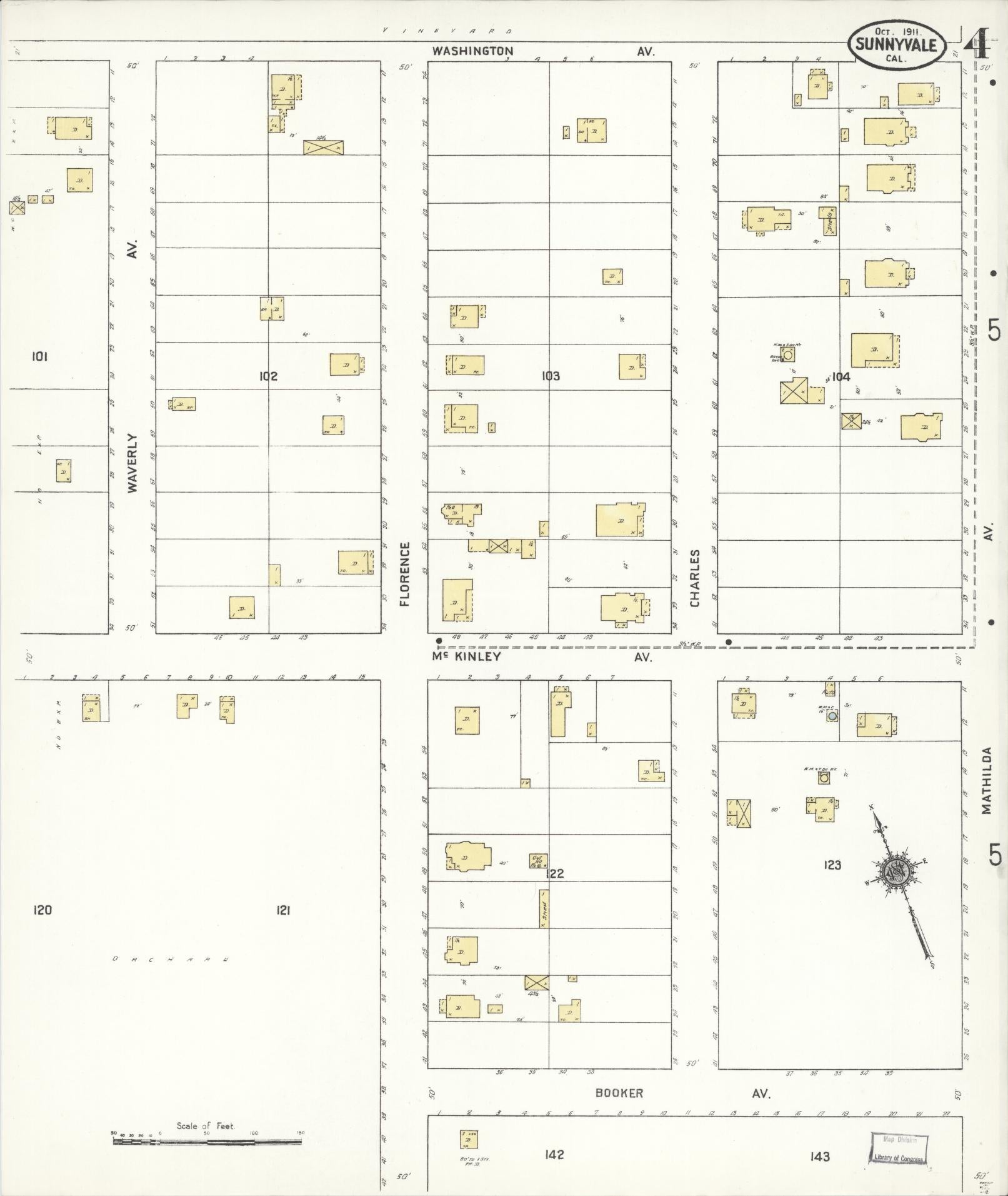 Sanborn Fire Insurance Map from Sunnyvale, Santa Clara County, California (1911), Sheet #0004 - Complete Map Set gallery image, historic Sanborn map, vintage wall art, California California