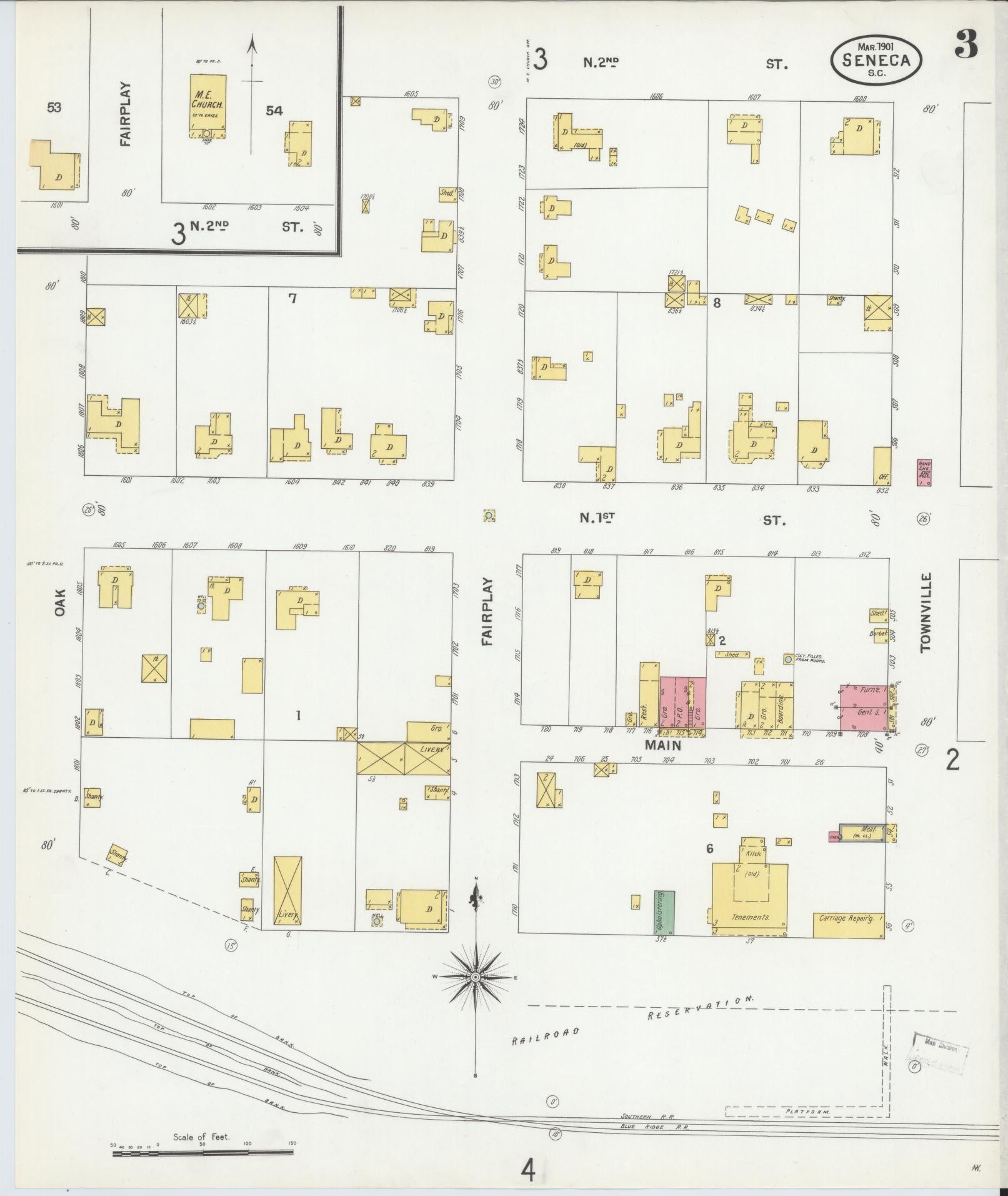 Sanborn Fire Insurance Map from Seneca, Oconee County, South Carolina (1901), Sheet #0003 - Historic Sanborn Fire Insurance Map Print, vintage old map wall art, antique decor, genealogy gift, South Carolina South Carolina map