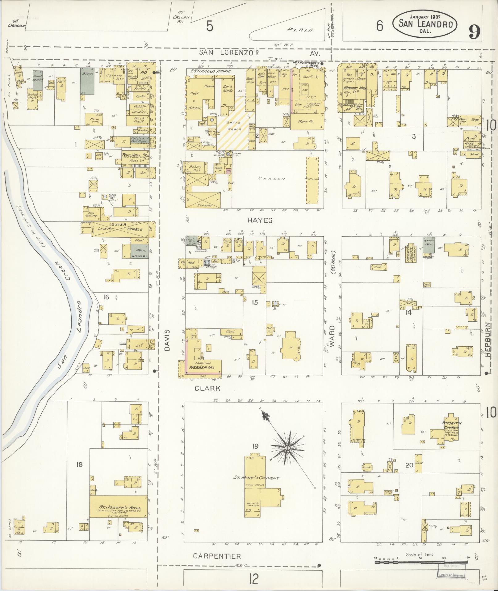 Sanborn Fire Insurance Map from San Leandro, Alameda County, California (1907), Sheet #0009 - Complete Map Set gallery image, historic Sanborn map, vintage wall art, California California