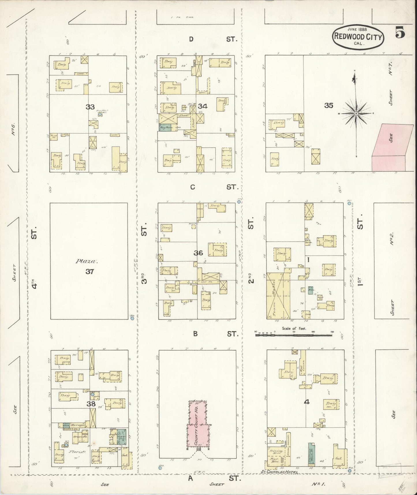 Sanborn Fire Insurance Map from Redwood City, San Mateo County, California (1888), Sheet #0005 - Complete Map Set gallery image, historic Sanborn map, vintage wall art, California California