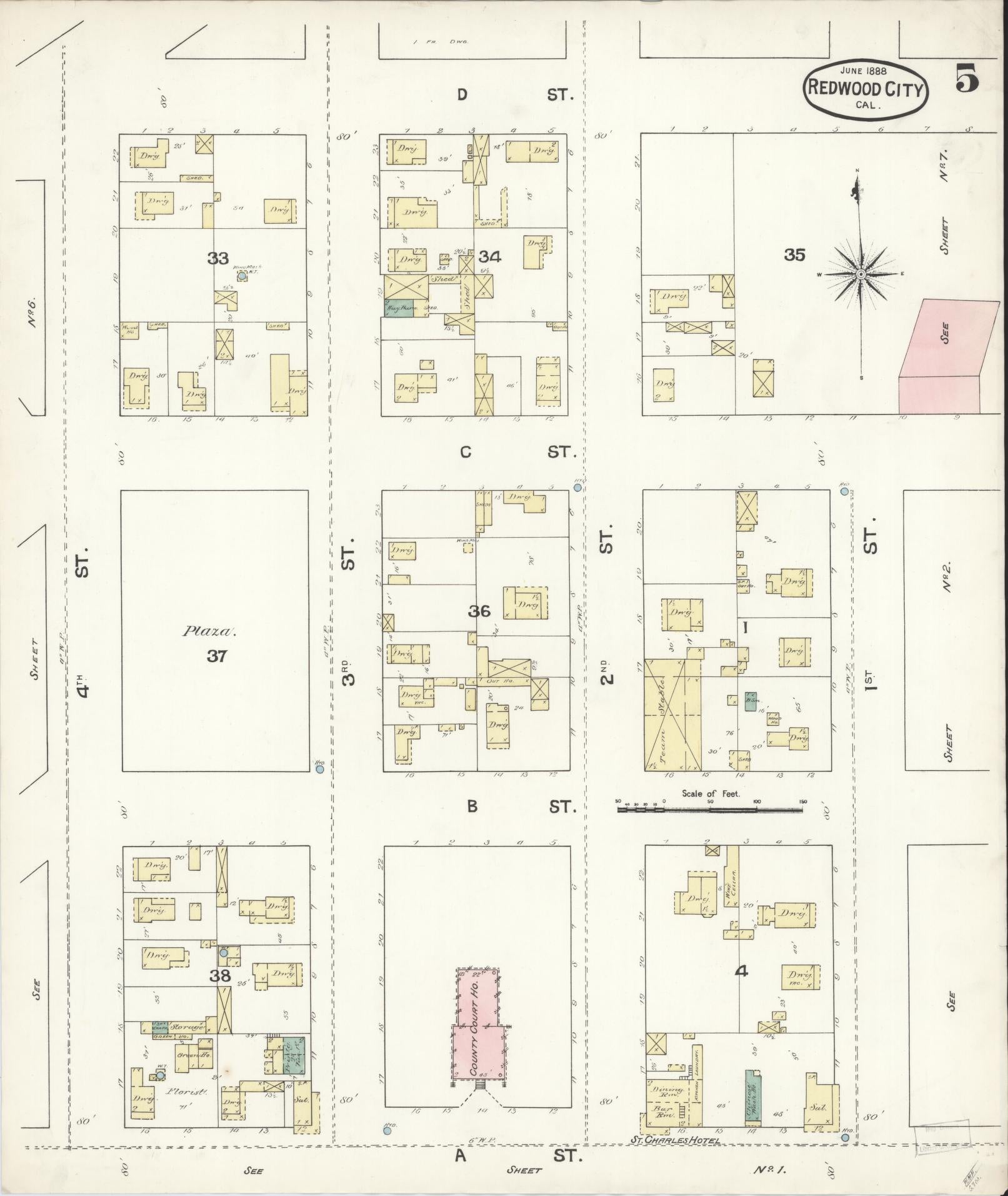 Sanborn Fire Insurance Map from Redwood City, San Mateo County, California (1888), Sheet #0005 - Complete Map Set gallery image, historic Sanborn map, vintage wall art, California California