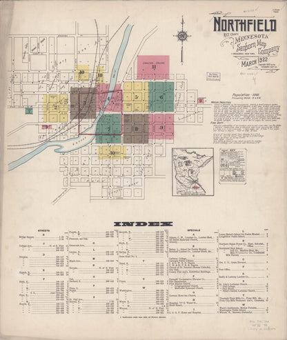 Sanborn Fire Insurance Map from Northfield, Rice County, Minnesota (1922), Sheet #0001 - Complete Map Set gallery image, historic Sanborn map, vintage wall art, Minnesota Minnesota