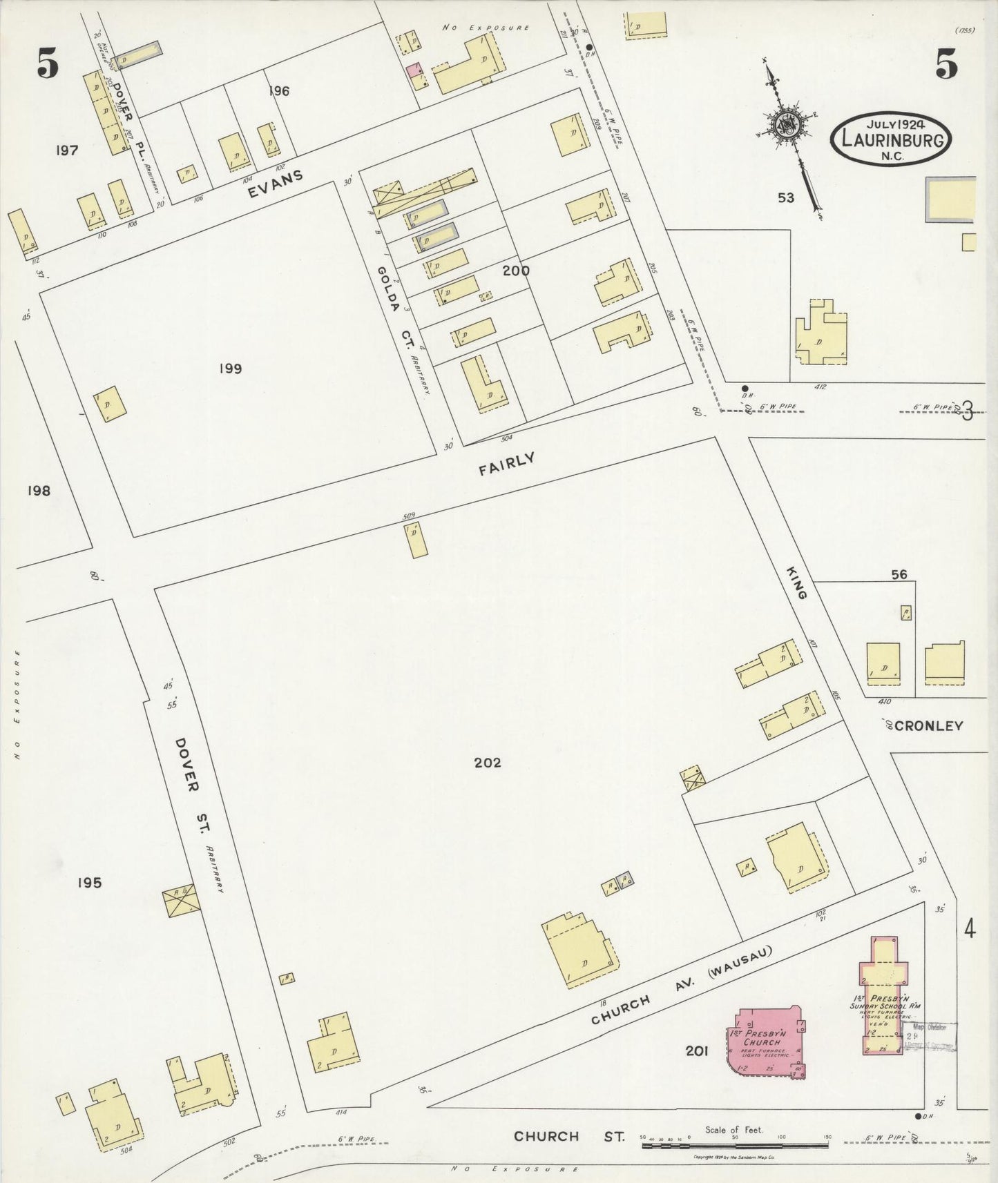 Sanborn Fire Insurance Map from Laurinburg, Scotland County, North Carolina (1924), Sheet #0005 - Complete Map Set gallery image, historic Sanborn map, vintage wall art, North Carolina North Carolina