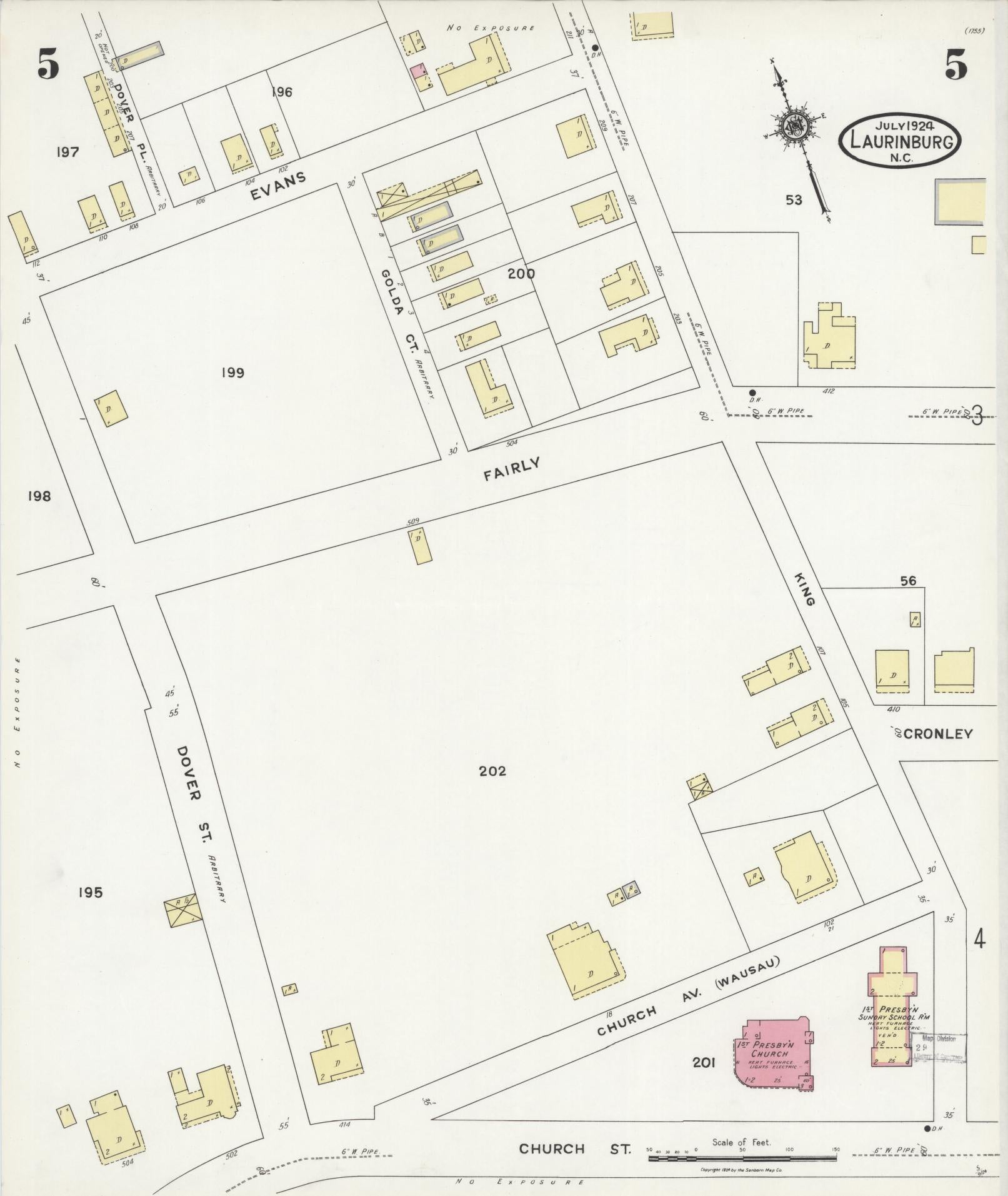Sanborn Fire Insurance Map from Laurinburg, Scotland County, North Carolina (1924), Sheet #0005 - Complete Map Set gallery image, historic Sanborn map, vintage wall art, North Carolina North Carolina