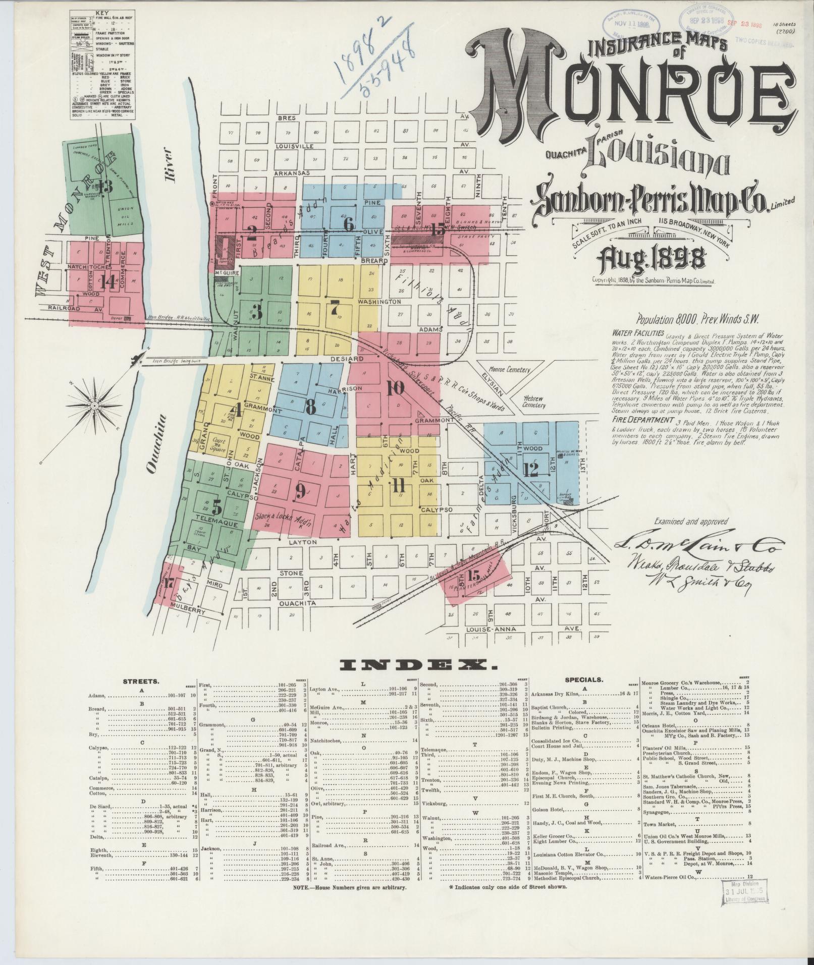 Sanborn Fire Insurance Map from Monroe, Ouachita Parish, Louisiana (1898), Sheet #0001 - Historic Sanborn Fire Insurance Map Print, vintage old map wall art, antique decor, genealogy gift, Louisiana Louisiana map
