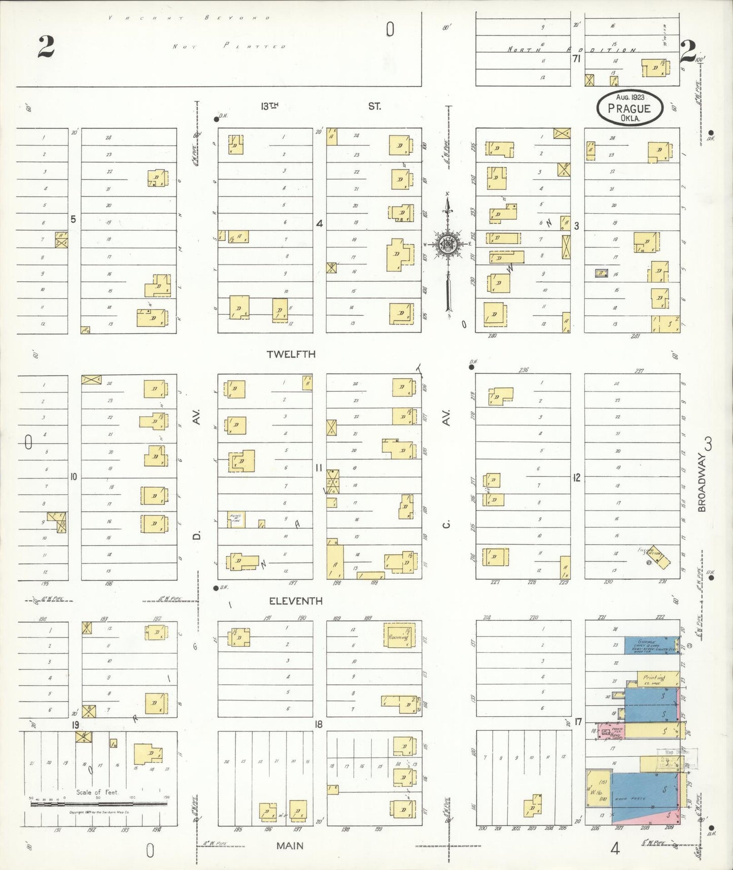 Sanborn Fire Insurance Map from Prague, Lincoln County, Oklahoma (1923), Sheet #0002 - Complete Map Set gallery image, historic Sanborn map, vintage wall art, Oklahoma Oklahoma