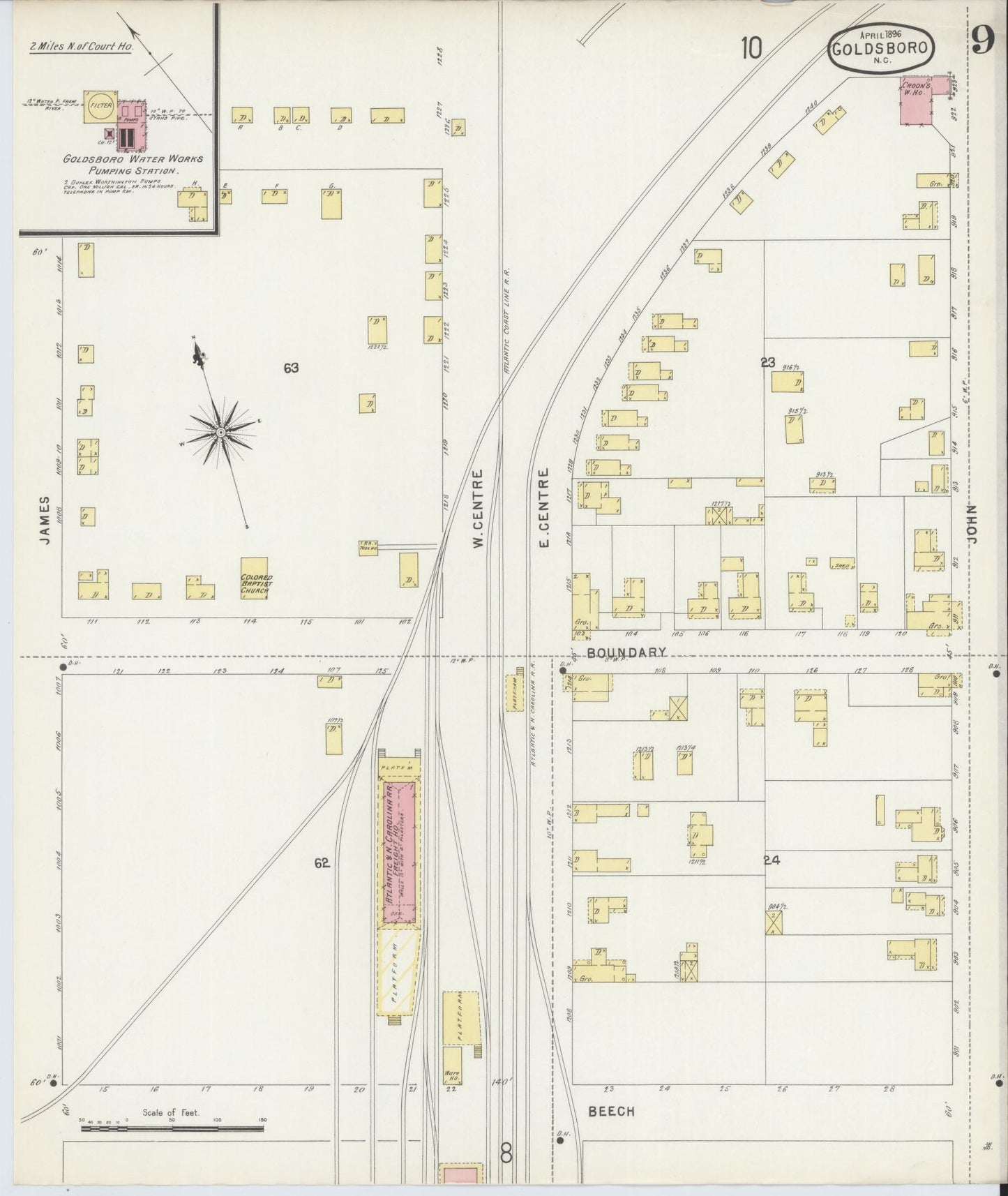Sanborn Fire Insurance Map from Goldsboro, Wayne County, North Carolina (1896), Sheet #0009 - Complete Map Set gallery image, historic Sanborn map, vintage wall art, North Carolina North Carolina