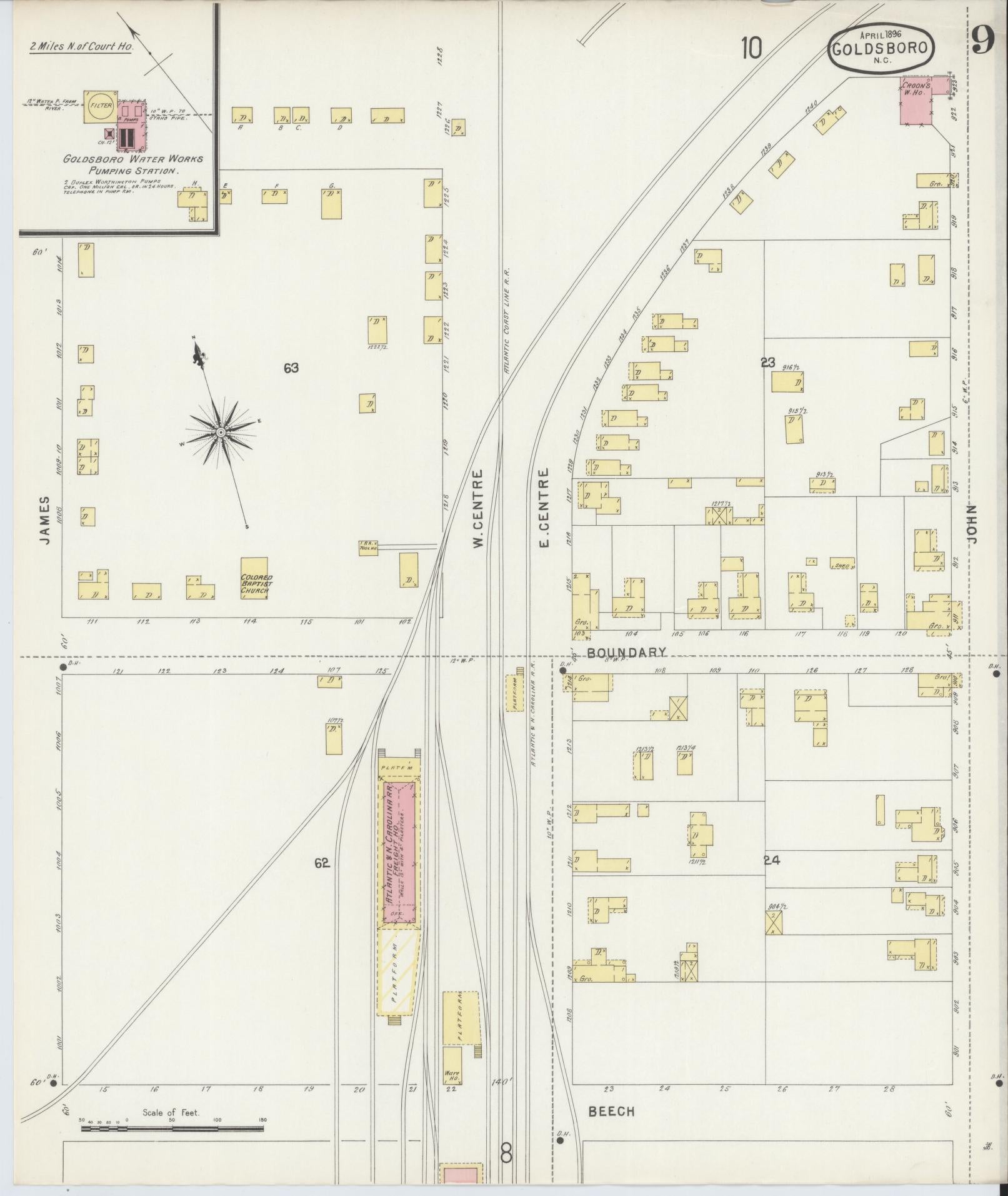 Sanborn Fire Insurance Map from Goldsboro, Wayne County, North Carolina (1896), Sheet #0009 - Complete Map Set gallery image, historic Sanborn map, vintage wall art, North Carolina North Carolina