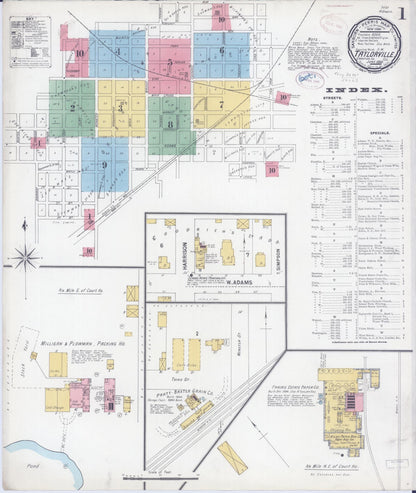 Sanborn Fire Insurance Map from Taylorville, Christian County, Illinois (1899), Sheet #0001 - Complete Map Set gallery image, historic Sanborn map, vintage wall art, Illinois Illinois