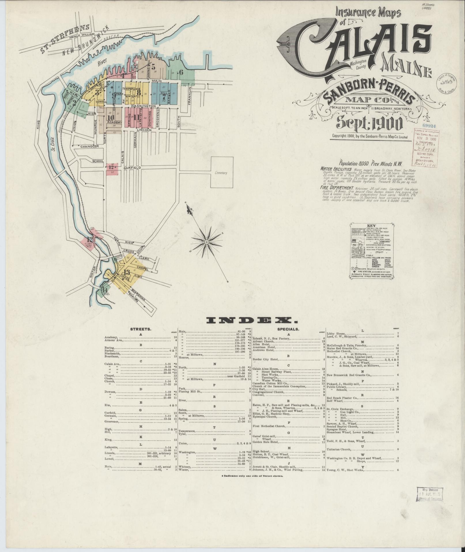 Sanborn Fire Insurance Map from Calais, Washington County, Maine (1900), Sheet #0001 - Complete Map Set gallery image, historic Sanborn map, vintage wall art, Maine Maine