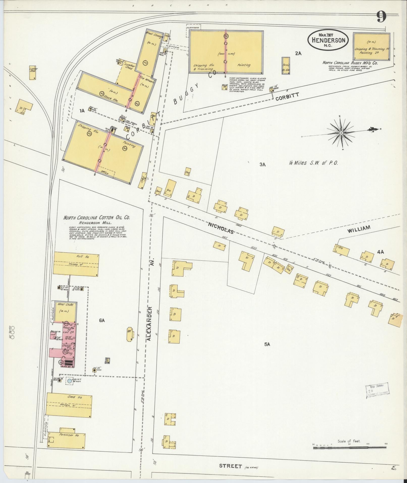 Sanborn Fire Insurance Map from Henderson, Vance County, North Carolina (1907), Sheet #0009 - Historic Sanborn Fire Insurance Map Print, vintage old map wall art, antique decor, genealogy gift, North Carolina North Carolina map