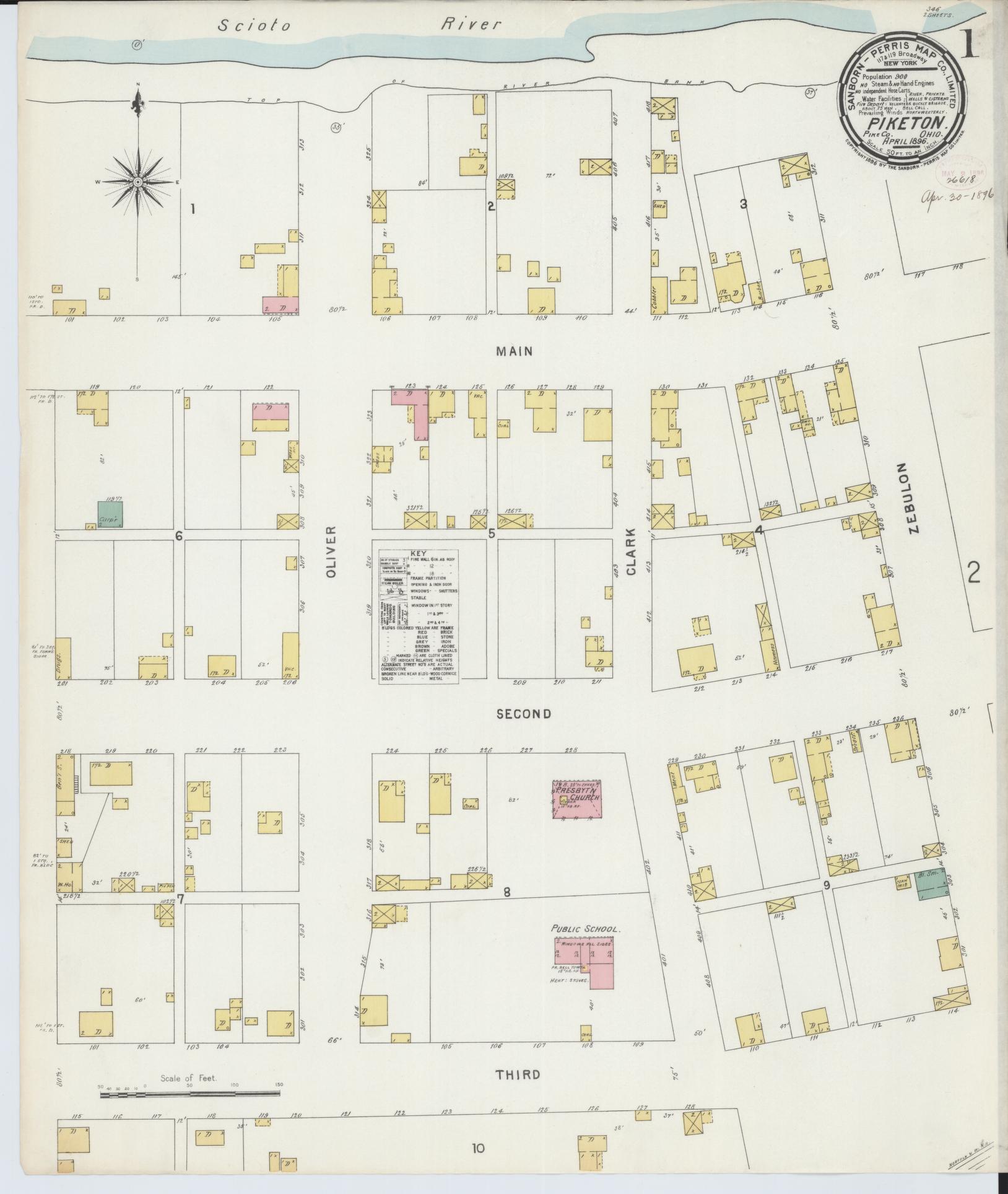 Sanborn Fire Insurance Map from Piketon, Pike County, Ohio (1896), Sheet #0001 - Complete Map Set gallery image, historic Sanborn map, vintage wall art, Ohio Ohio