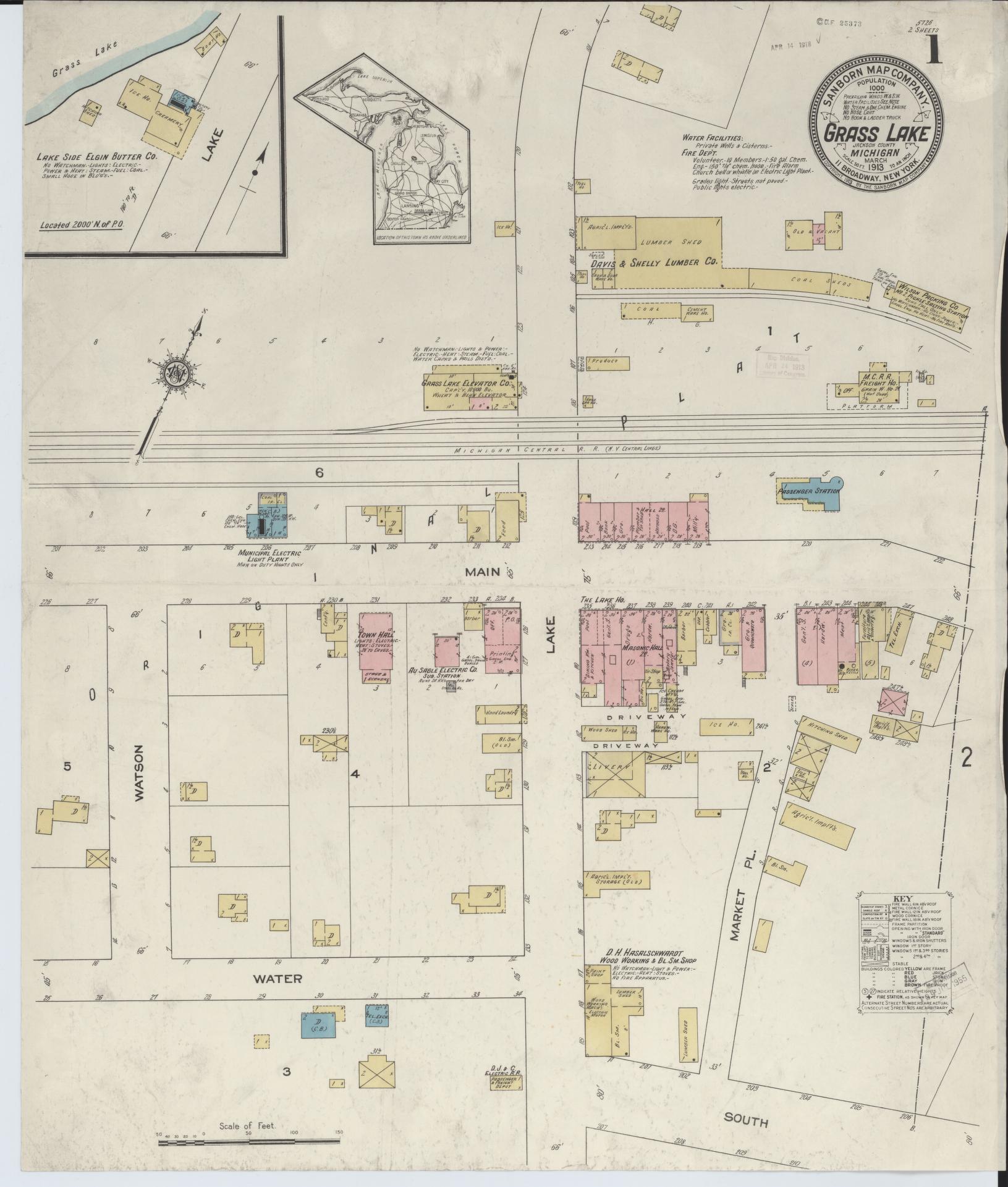 Sanborn Fire Insurance Map from Grass Lake, Jackson County, Michigan (1913), Sheet #0001 - Complete Map Set gallery image, historic Sanborn map, vintage wall art, Michigan Michigan