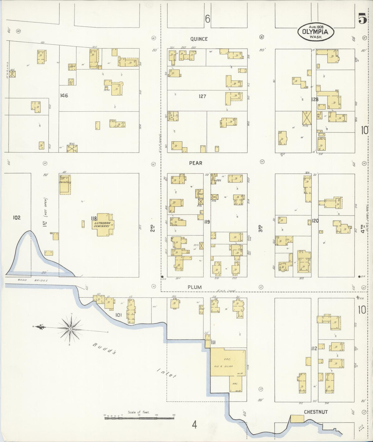 Sanborn Fire Insurance Map from Olympia, Thurston County, Washington (1908), Sheet #0005 - Historic Sanborn Fire Insurance Map Print, vintage old map wall art, antique decor, genealogy gift, Washington Washington map
