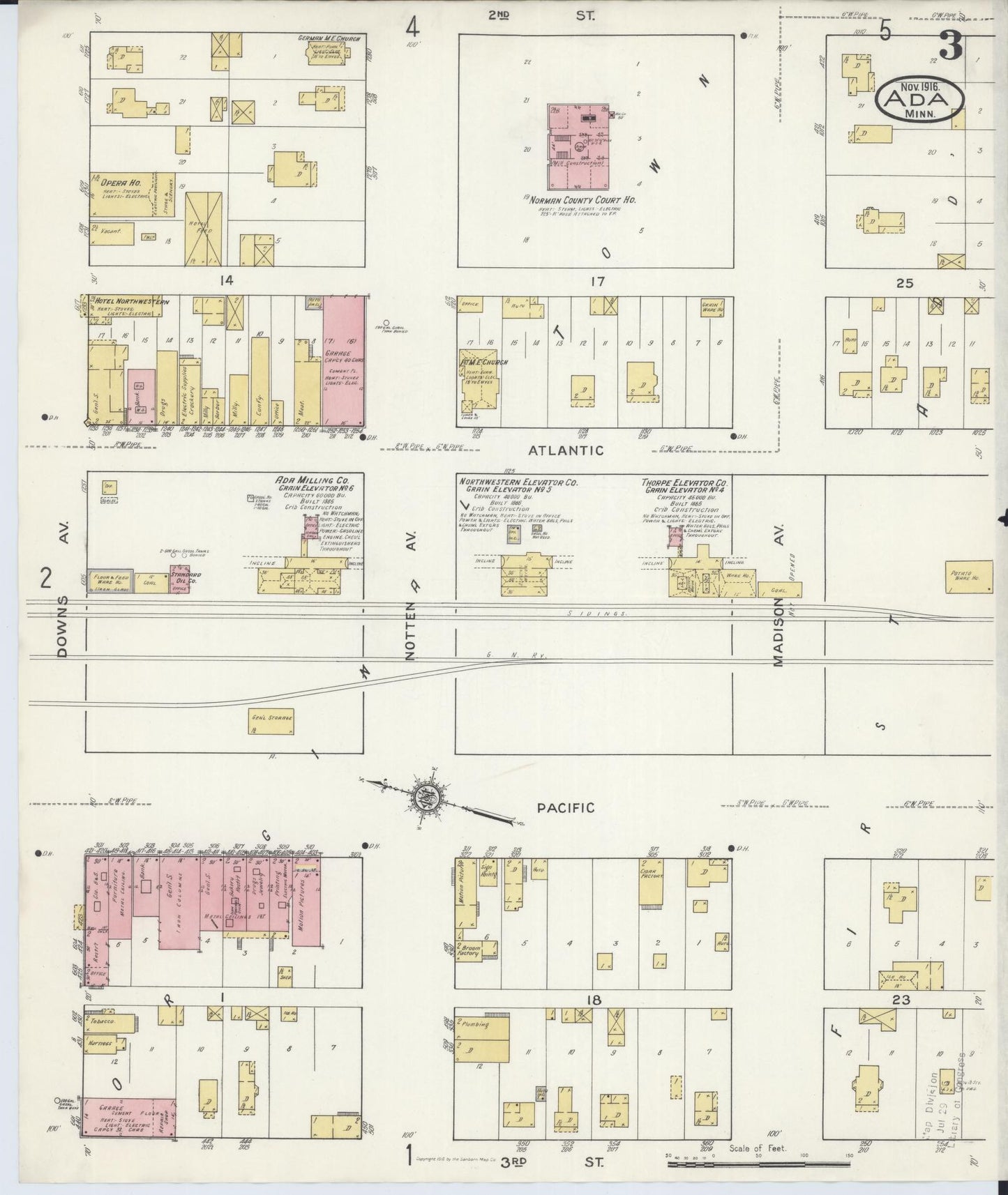 Sanborn Fire Insurance Map from Ada, Norman County, Minnesota (1916), Sheet #0003 - Historic Sanborn Fire Insurance Map Print, vintage old map wall art, antique decor, genealogy gift, Minnesota Minnesota map
