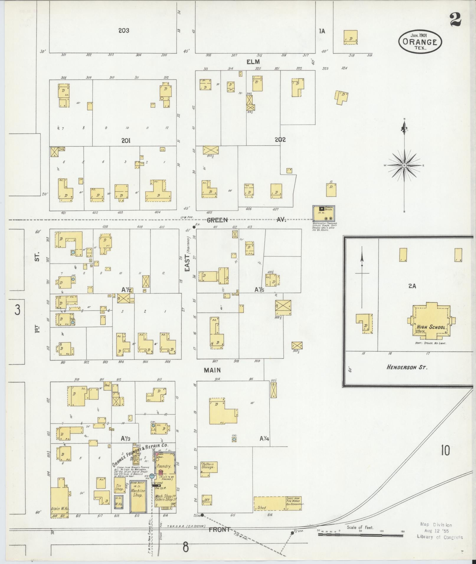 Sanborn Fire Insurance Map from Orange, Orange County, Texas (1901), Sheet #0002 - Historic Sanborn Fire Insurance Map Print, vintage old map wall art, antique decor, genealogy gift, Texas Texas map