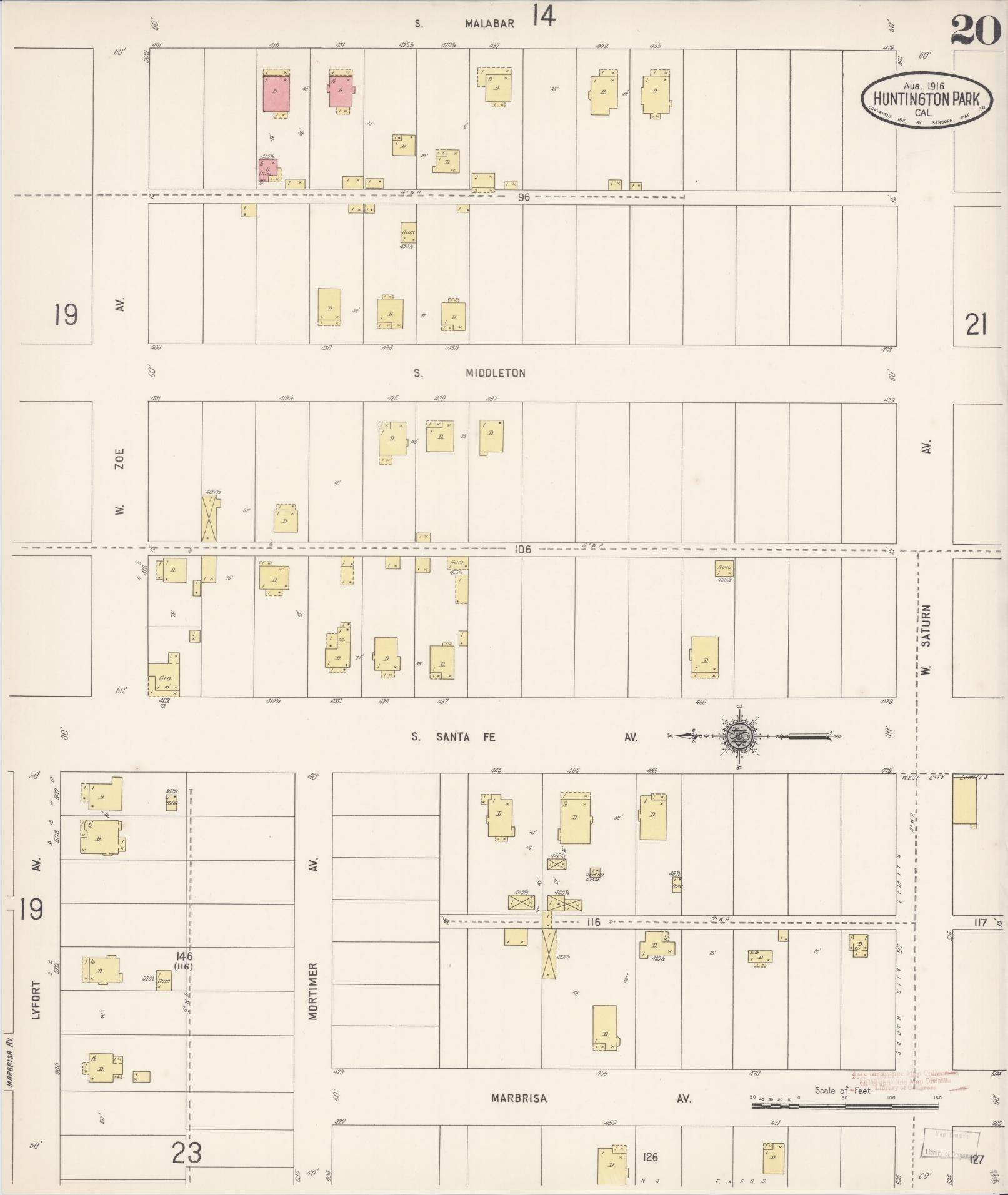 Sanborn Fire Insurance Map from Huntington Park, Los Angeles County, California (1916), Sheet #0020 - Historic Sanborn Fire Insurance Map Print, vintage old map wall art, antique decor, genealogy gift, California California map