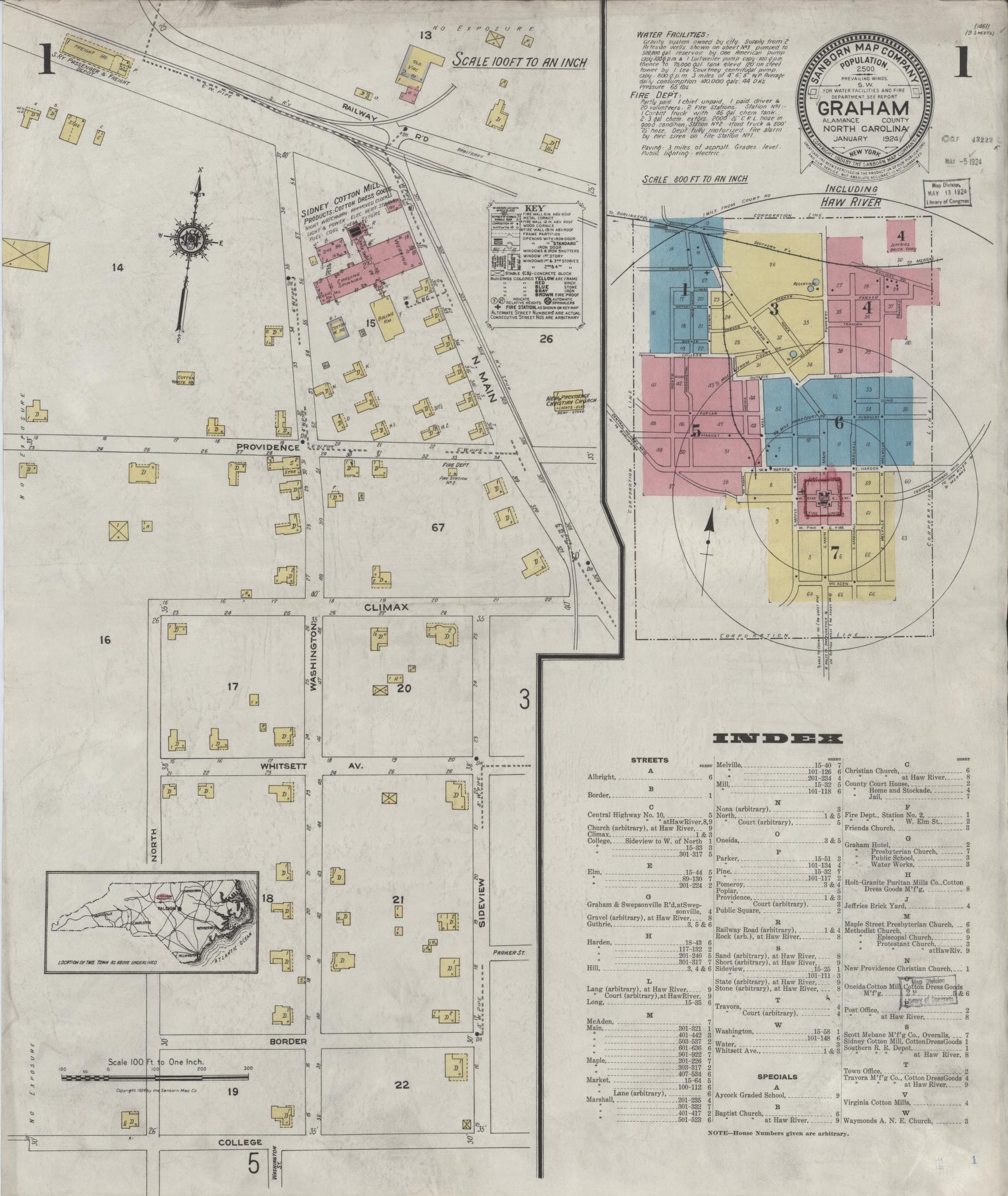 Sanborn Fire Insurance Map from Graham, Alamance County, North Carolina (1924), Sheet #0001 - Complete Map Set gallery image, historic Sanborn map, vintage wall art, North Carolina North Carolina