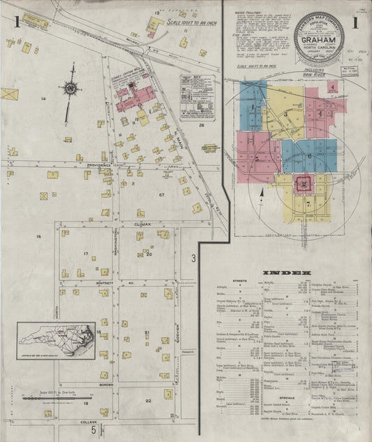 Sanborn Fire Insurance Map from Graham, Alamance County, North Carolina (1924), Sheet #0001 - Complete Map Set gallery image, historic Sanborn map, vintage wall art, North Carolina North Carolina