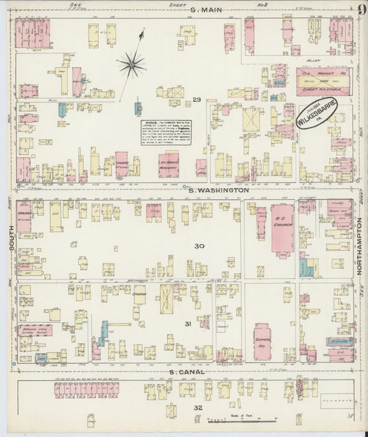 Sanborn Fire Insurance Map from Wilkes Barre, Luzerne County, Pennsylvania (1884), Sheet #0009 - Historic Sanborn Fire Insurance Map Print, vintage old map wall art, antique decor, genealogy gift, Pennsylvania Pennsylvania map
