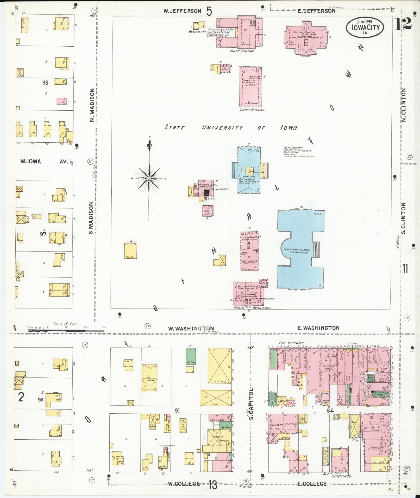 Sanborn Fire Insurance Map from Iowa City, Johnson County, Iowa (1899), Sheet #0012 - Historic Sanborn Fire Insurance Map Print, vintage old map wall art
