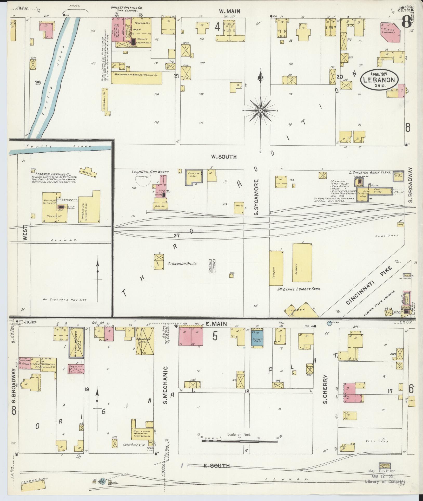 Sanborn Fire Insurance Map from Lebanon, Warren County, Ohio (1907), Sheet #0008 - Historic Sanborn Fire Insurance Map Print, vintage old map wall art, antique decor, genealogy gift, Ohio Ohio map
