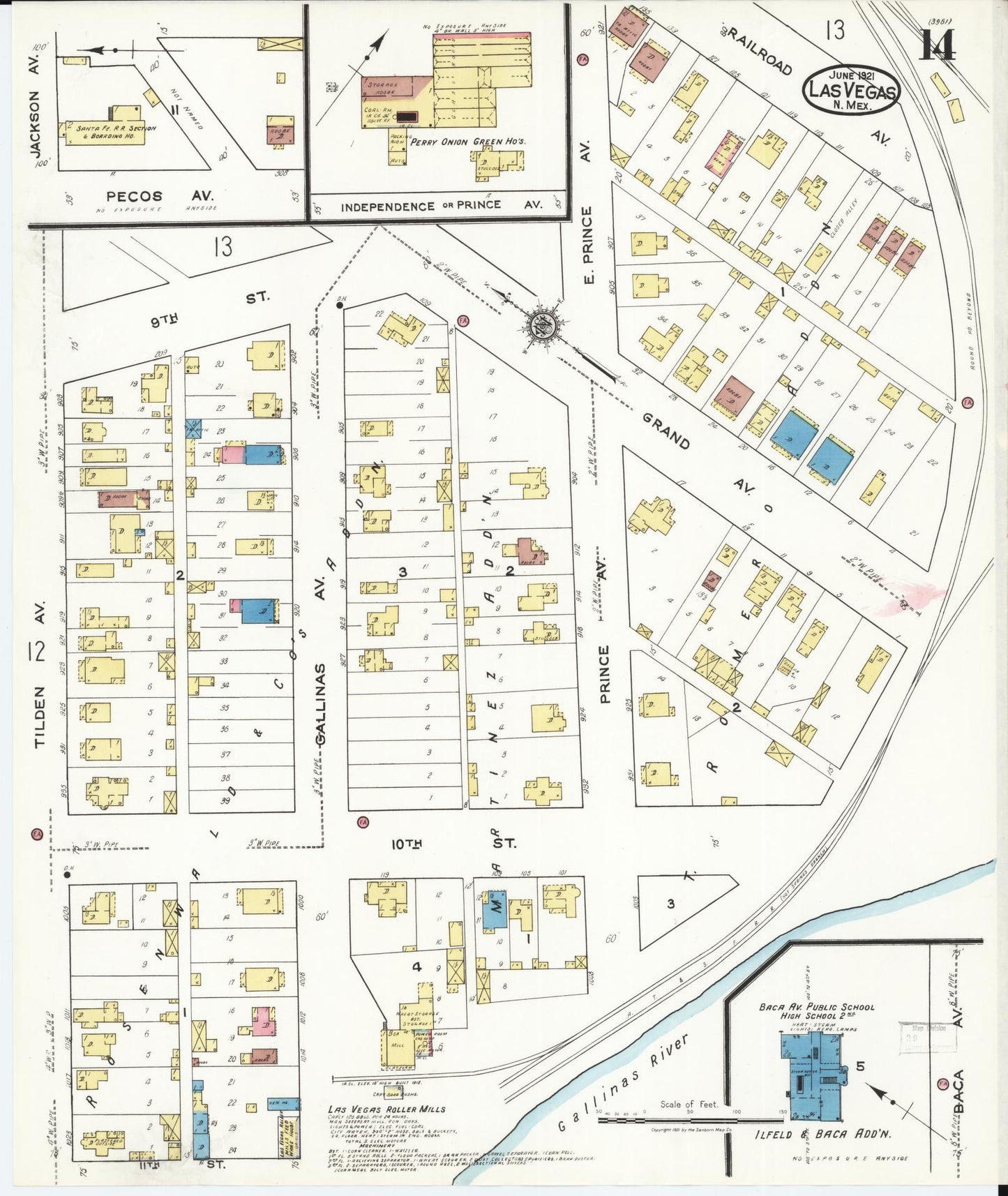 Sanborn Fire Insurance Map from Las Vegas, San Miguel County, New Mexico (1921), Sheet #0014 - Historic Sanborn Fire Insurance Map Print, vintage old map wall art, antique decor, genealogy gift, New Mexico New Mexico map