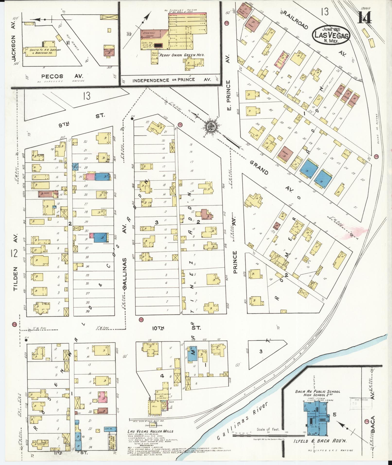 Sanborn Fire Insurance Map from Las Vegas, San Miguel County, New Mexico (1921), Sheet #0014 - Historic Sanborn Fire Insurance Map Print, vintage old map wall art, antique decor, genealogy gift, New Mexico New Mexico map