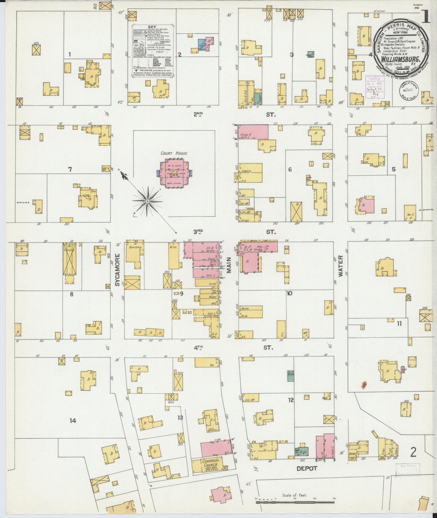 Sanborn Fire Insurance Map from Williamsburg, Whitley County, Kentucky (1901), Sheet #0001 - Complete Map Set gallery image, historic Sanborn map, vintage wall art, Kentucky Kentucky