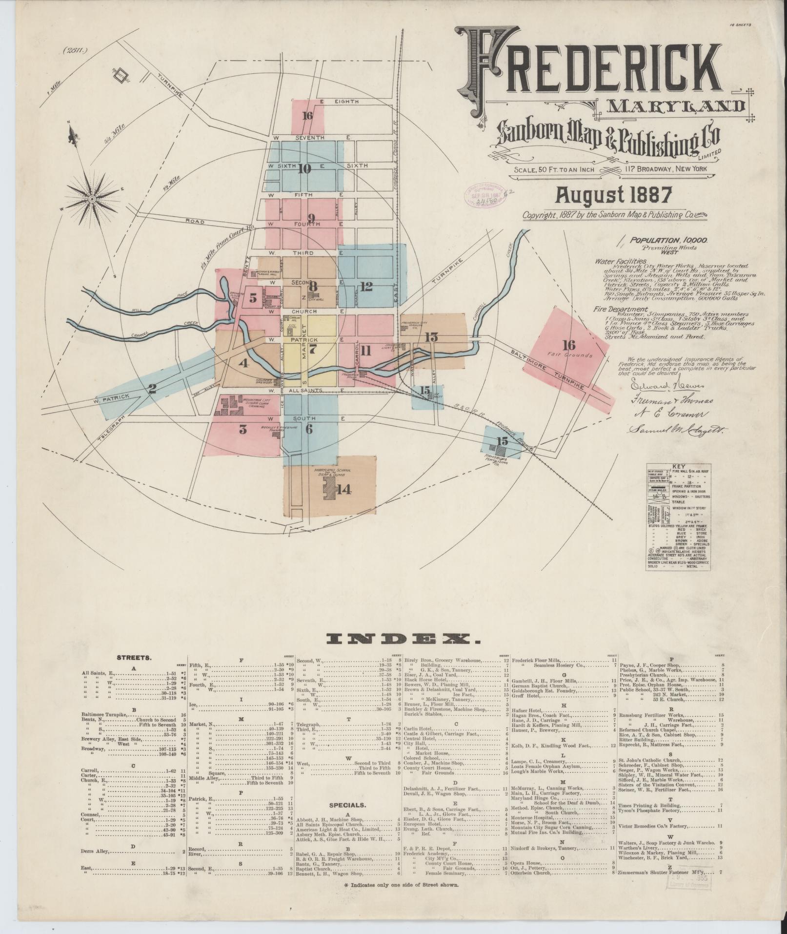 Complete Set - Frederick, Maryland - 1887 - Sanborn Fire Insurance Map (All Sheets) - Complete Set of 16 Sanborn map sheets