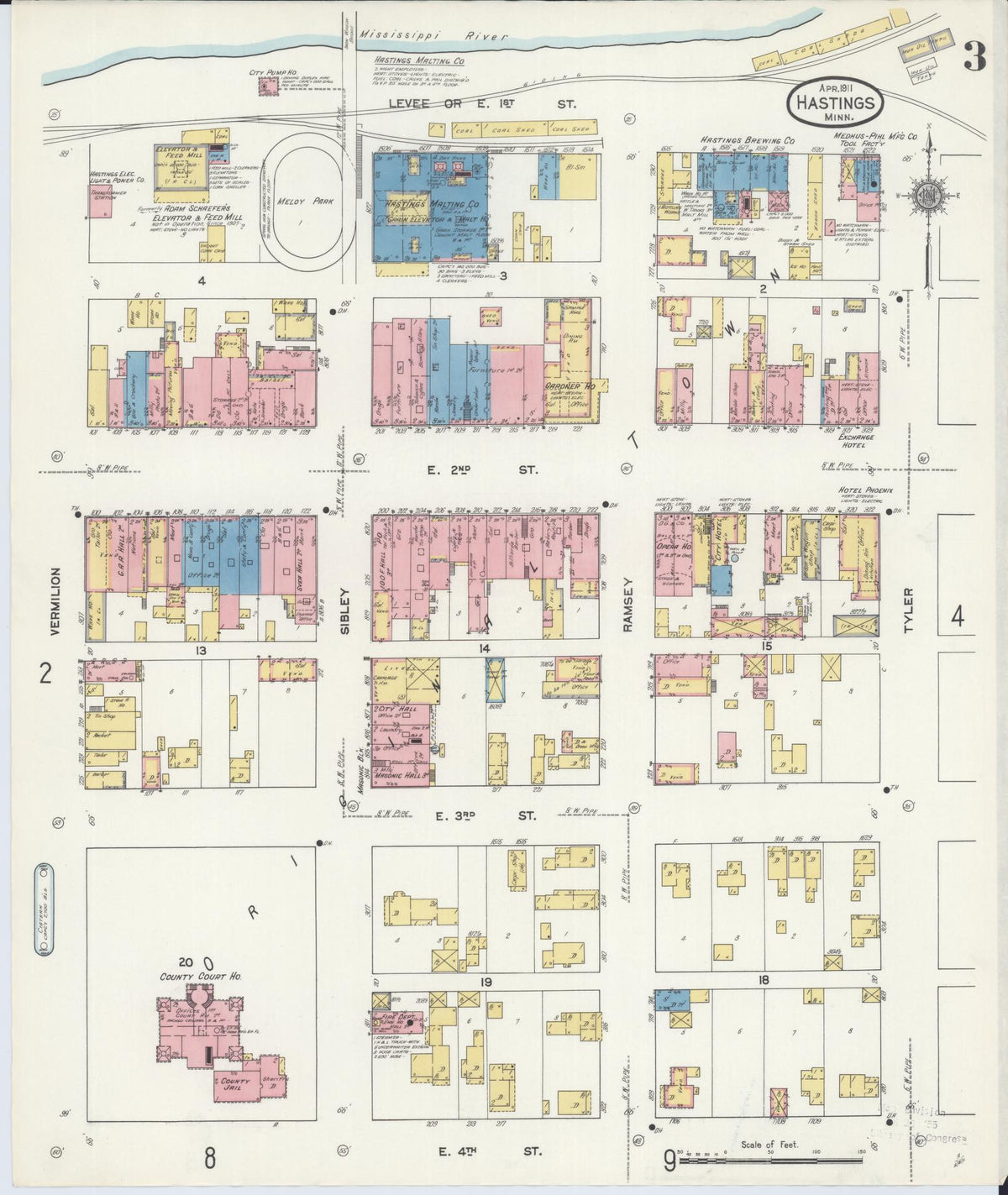 Sanborn Fire Insurance Map from Hastings, Dakota County, Minnesota (1911), Sheet #0003 - Historic Sanborn Fire Insurance Map Print, vintage old map wall art, antique decor, genealogy gift, Minnesota Minnesota map