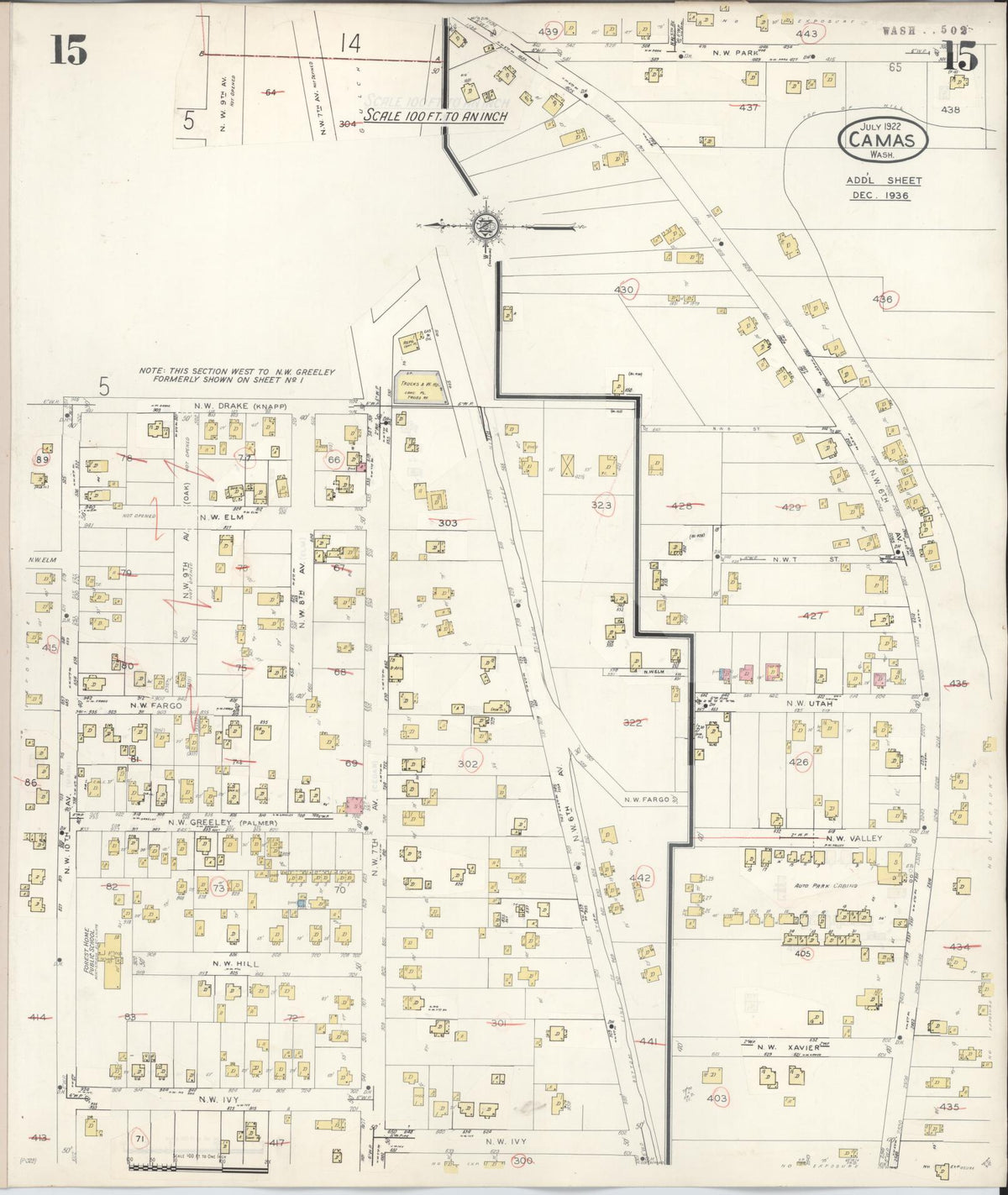 Sanborn Fire Insurance Map from Camas, Clark County, Washington (1943), Sheet #0015 - Historic Sanborn Fire Insurance Map Print, vintage old map wall art, antique decor, genealogy gift, Washington Washington map