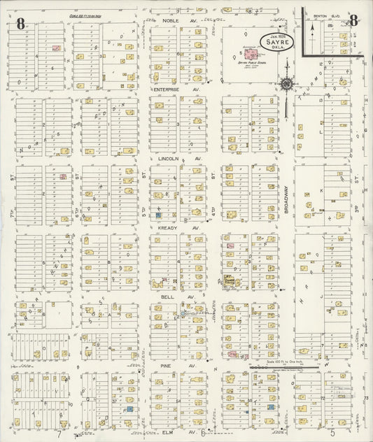 Sanborn Fire Insurance Map from Sayre, Beckham County, Oklahoma (1924), Sheet #0008 - Historic Sanborn Fire Insurance Map Print, vintage old map wall art, antique decor, genealogy gift, Oklahoma Oklahoma map