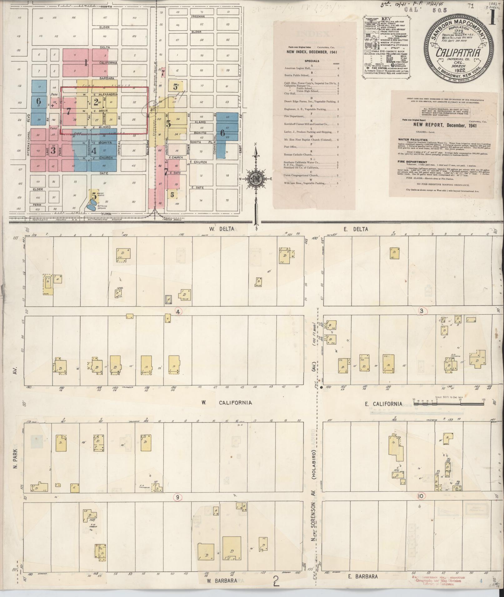 Sanborn Fire Insurance Map from Calipatria, Imperial County, California (1941), Sheet #0001 - Historic Sanborn Fire Insurance Map Print, vintage old map wall art, antique decor, genealogy gift, California California map