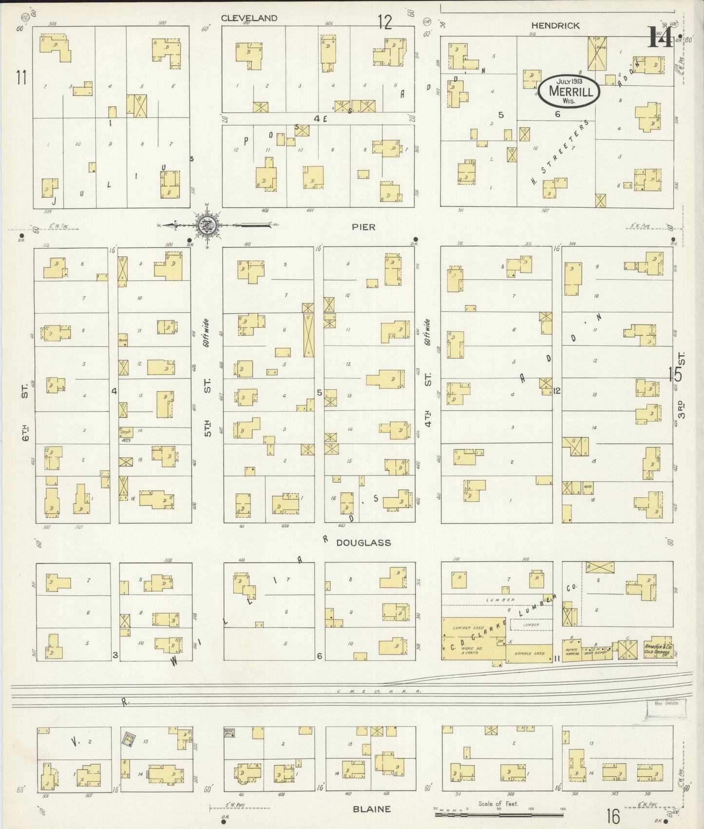 Sanborn Fire Insurance Map from Merrill, Lincoln County, Wisconsin (1913), Sheet #0014 - Complete Map Set gallery image, historic Sanborn map, vintage wall art, Wisconsin Wisconsin
