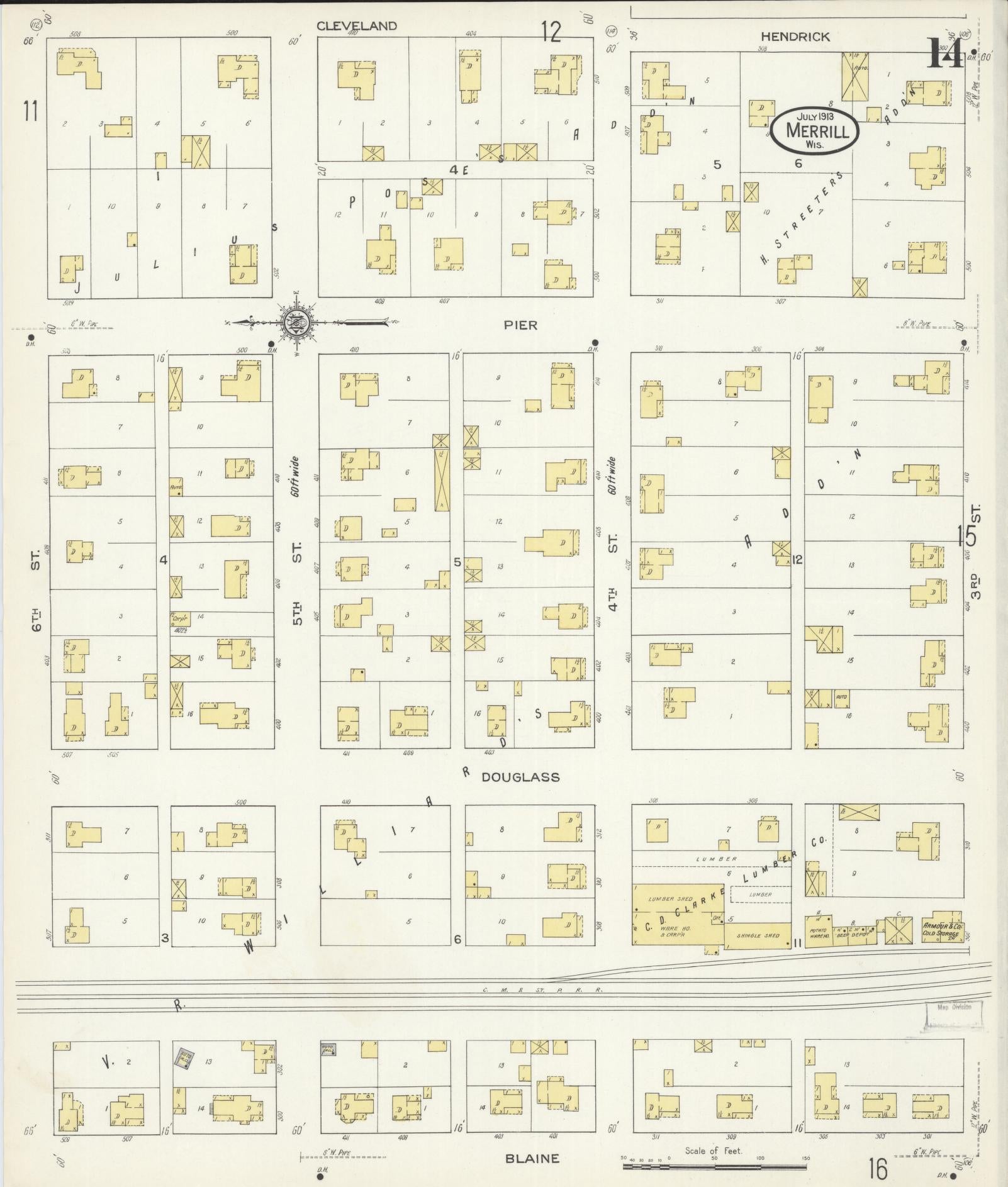 Sanborn Fire Insurance Map from Merrill, Lincoln County, Wisconsin (1913), Sheet #0014 - Complete Map Set gallery image, historic Sanborn map, vintage wall art, Wisconsin Wisconsin