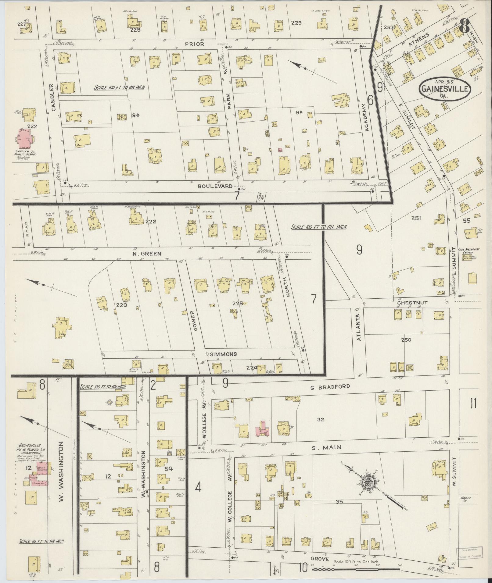 Sanborn Fire Insurance Map from Gainesville, Hall County, Georgia (1915), Sheet #0008 - Historic Sanborn Fire Insurance Map Print, vintage old map wall art, antique decor, genealogy gift, Georgia Georgia map