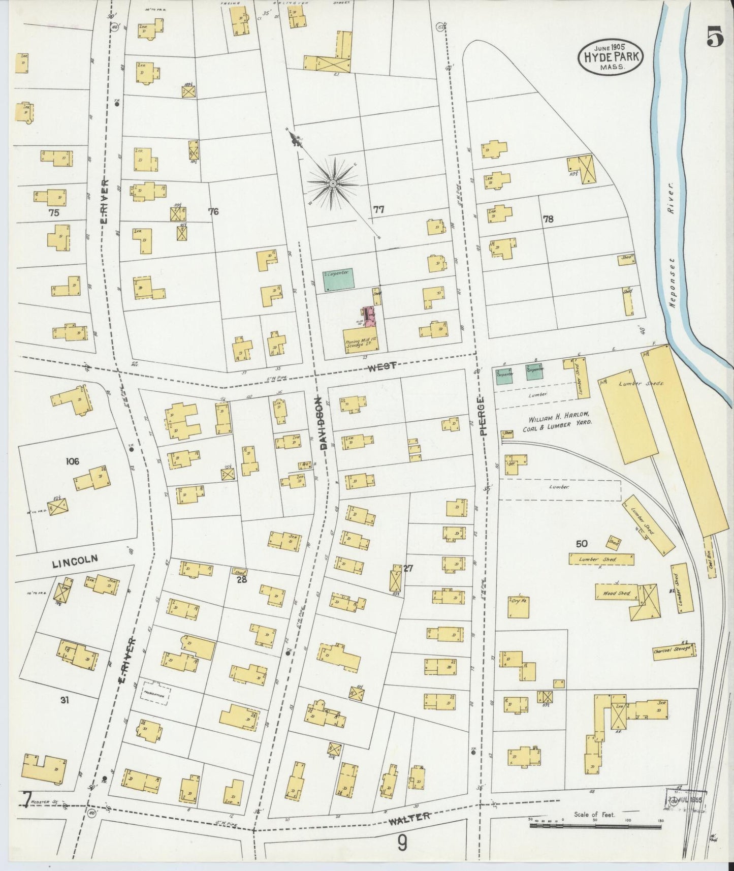 Sanborn Fire Insurance Map from Hyde Park, Norfolk County, Massachusetts (1905), Sheet #0005 - Complete Map Set gallery image, historic Sanborn map, vintage wall art, Massachusetts Massachusetts