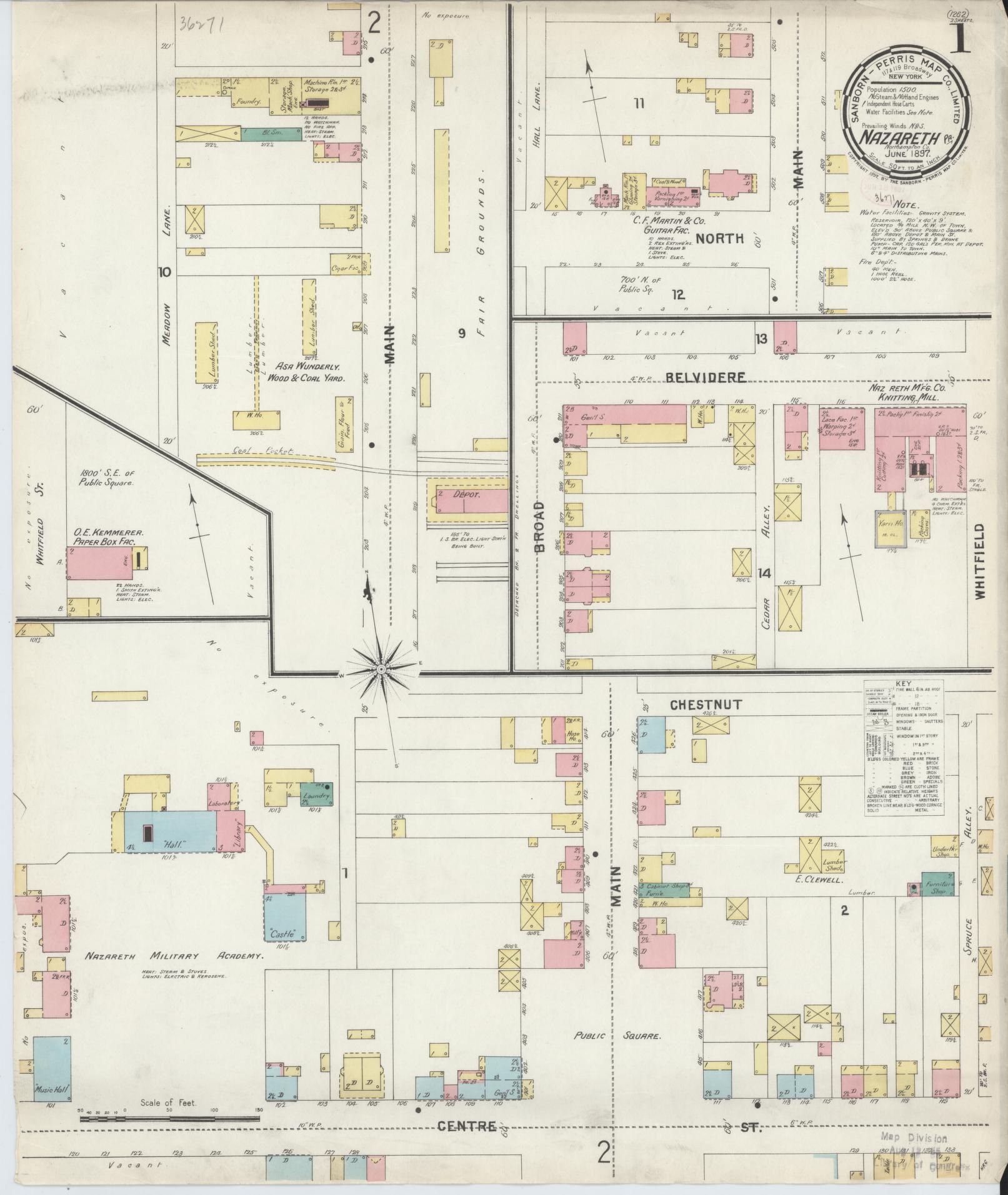 Sanborn Fire Insurance Map from Nazareth, Northampton County, Pennsylvania (1897), Sheet #0001 - Complete Map Set gallery image, historic Sanborn map, vintage wall art, Pennsylvania Pennsylvania
